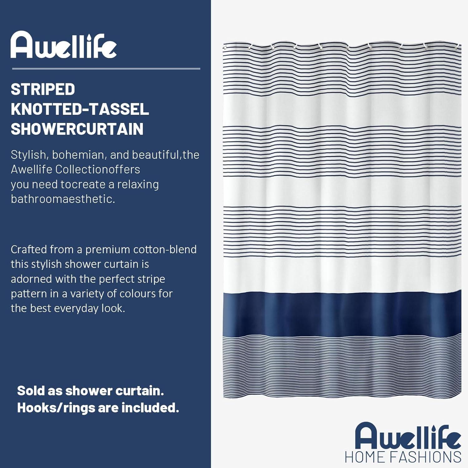 bufftieo Navy Blue and White Shower Curtain for Bathroom Boho Striped Fabric Modern Farmhouse Tassel Shower Curtain Sets - 72" x 72"