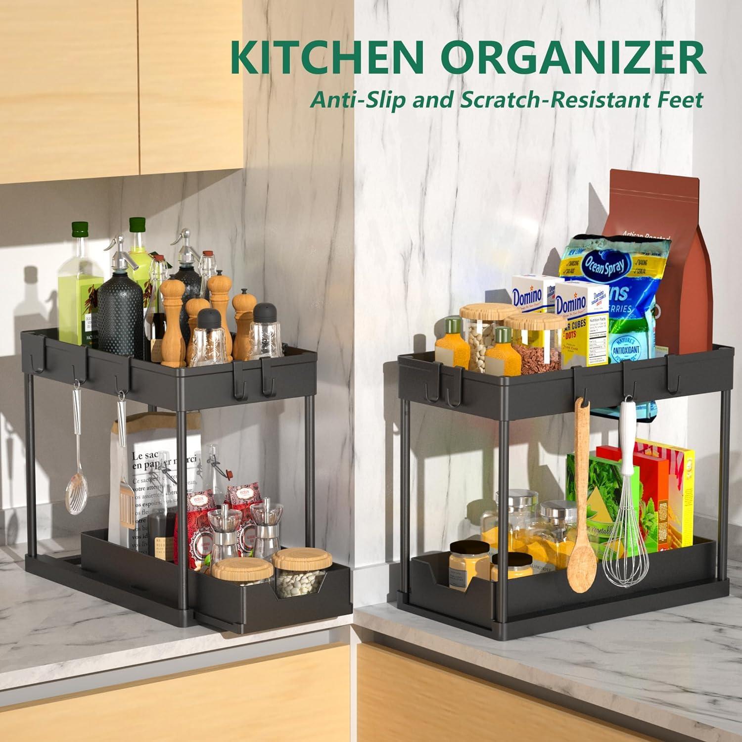 Kisportee 2 Pack Under Sink Organizer, 2 Tier Sliding Under Bathroom Cabinet Organizer with 10 Hooks and 4 Hanging Cups, Multi-Purpose Kitchen Counter Shelf, Black