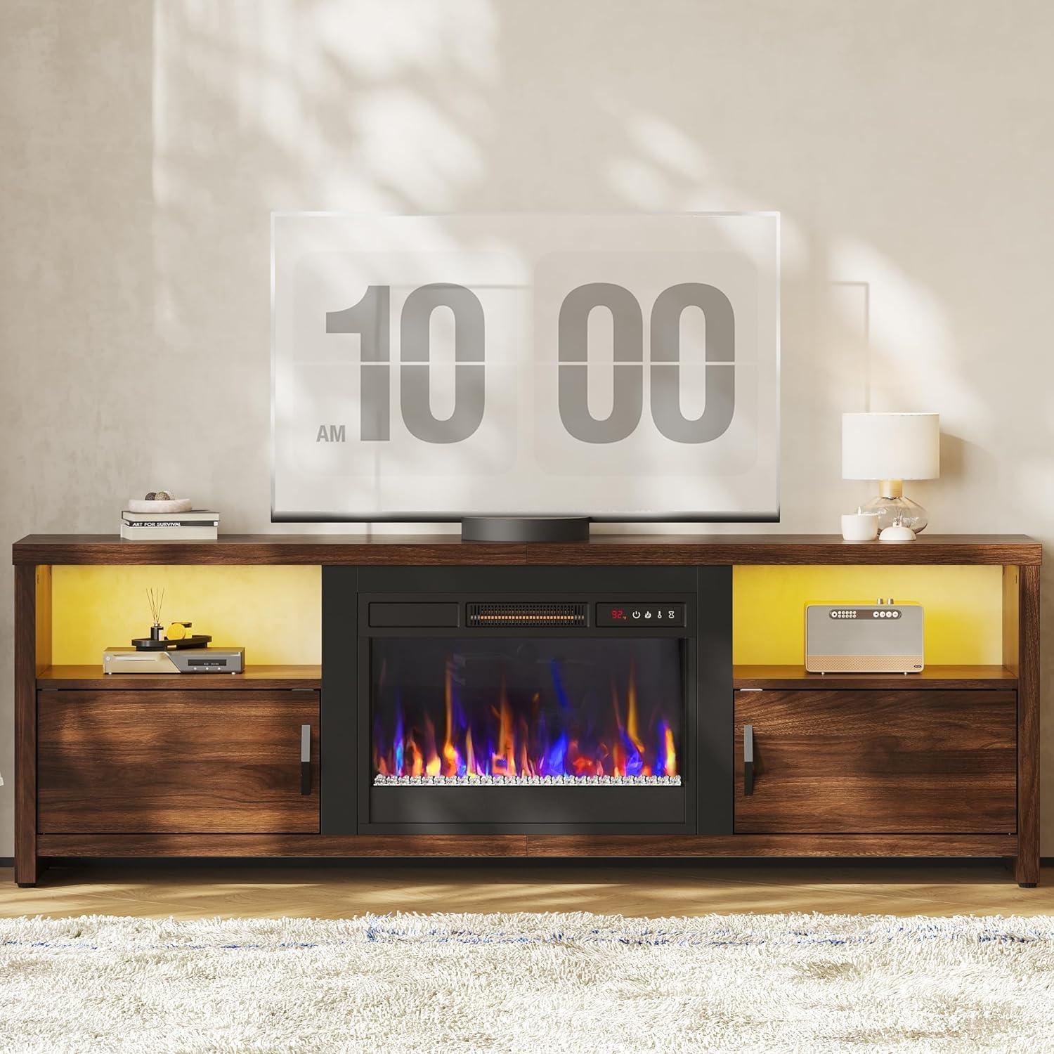 Walnut Electric Fireplace TV Stand with Cabinets for 75" TVs
