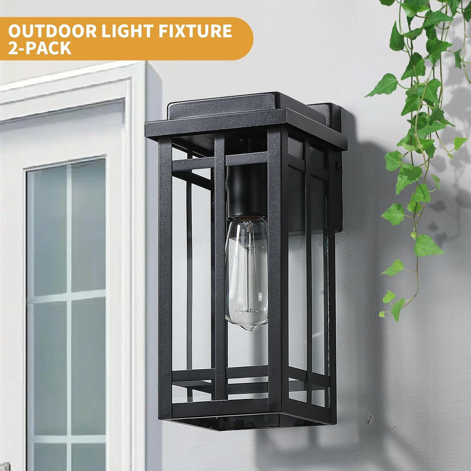 Black Modern Outdoor Wall Lanterns with Tempered Glass Shade, 9.76''