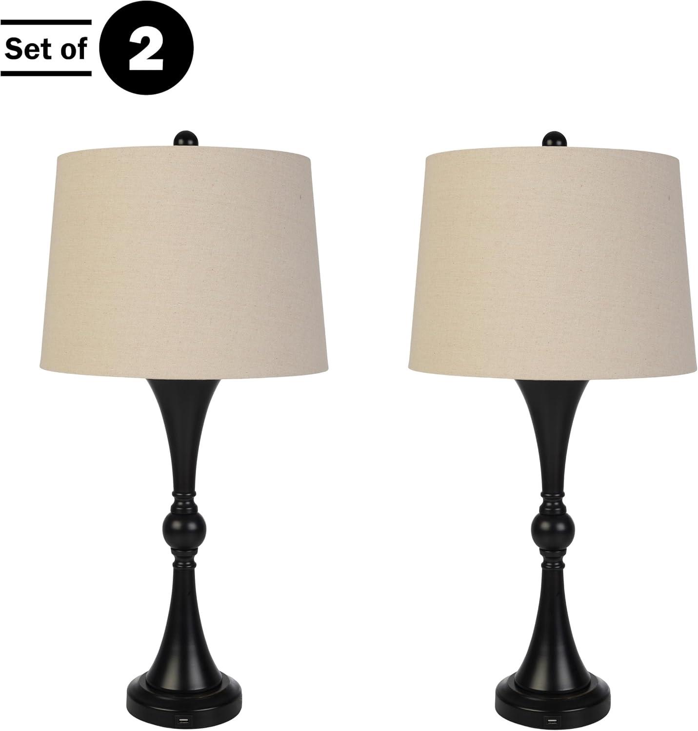 Lavish Home Set of 2 Table Lamps with USB Charging Ports (Black)