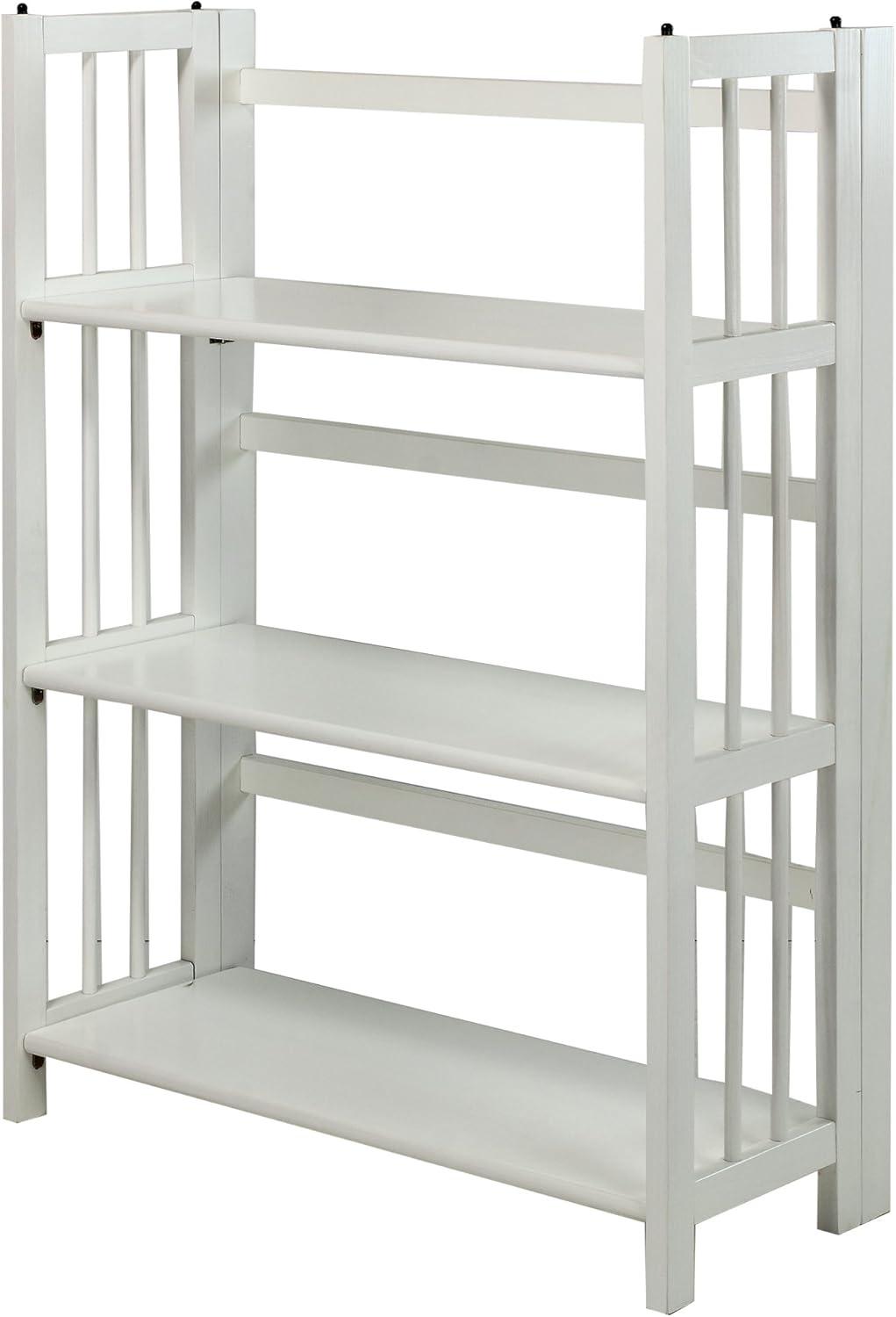 Elegant White Solid Wood 3-Shelf Stackable Folding Bookcase