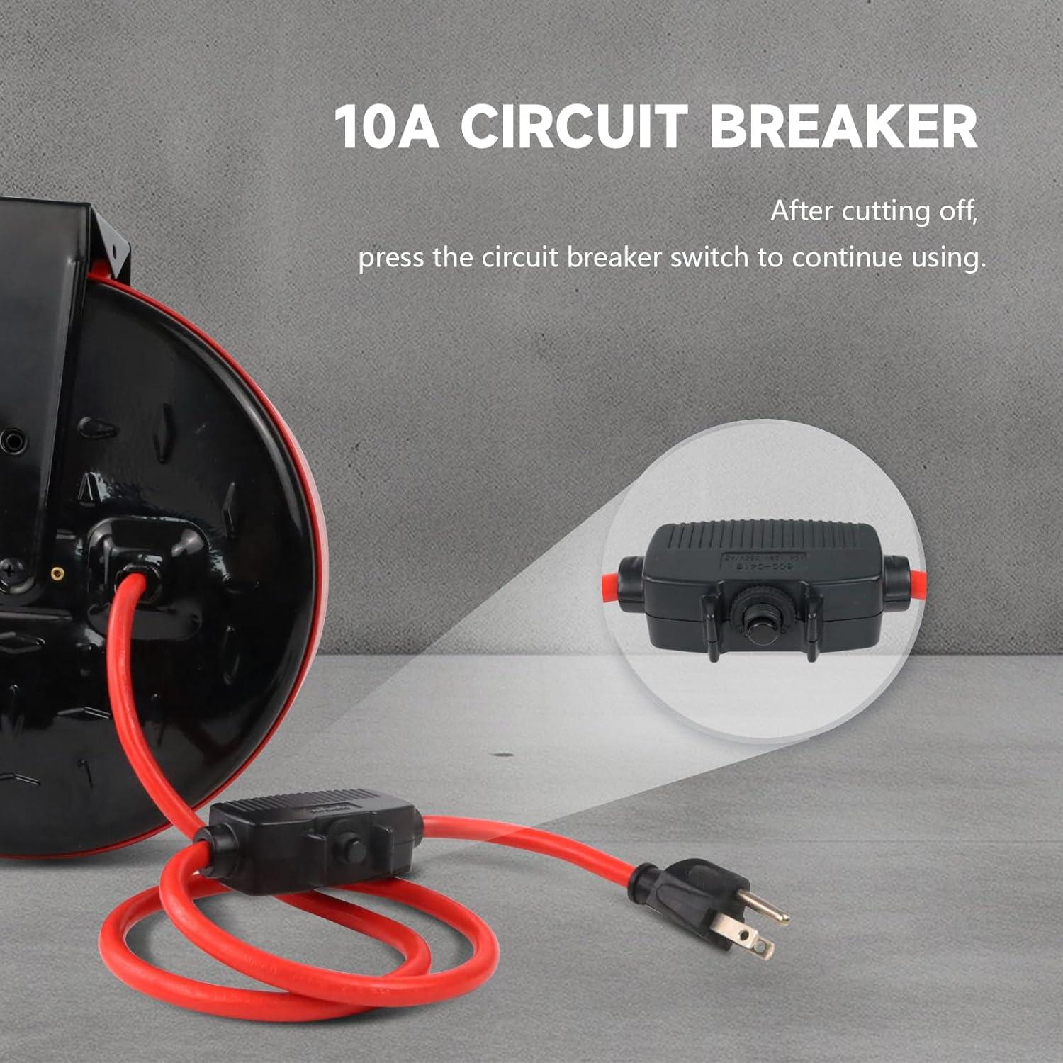 EP 30 Ft Retractable Extension Cord Reel, 16/3 SJTW Power Cord with 3 Electrical Outlets, Ceiling or Wall Mount, 10 Amp Circuit Breaker, Metal Plate, UL Listed, Red