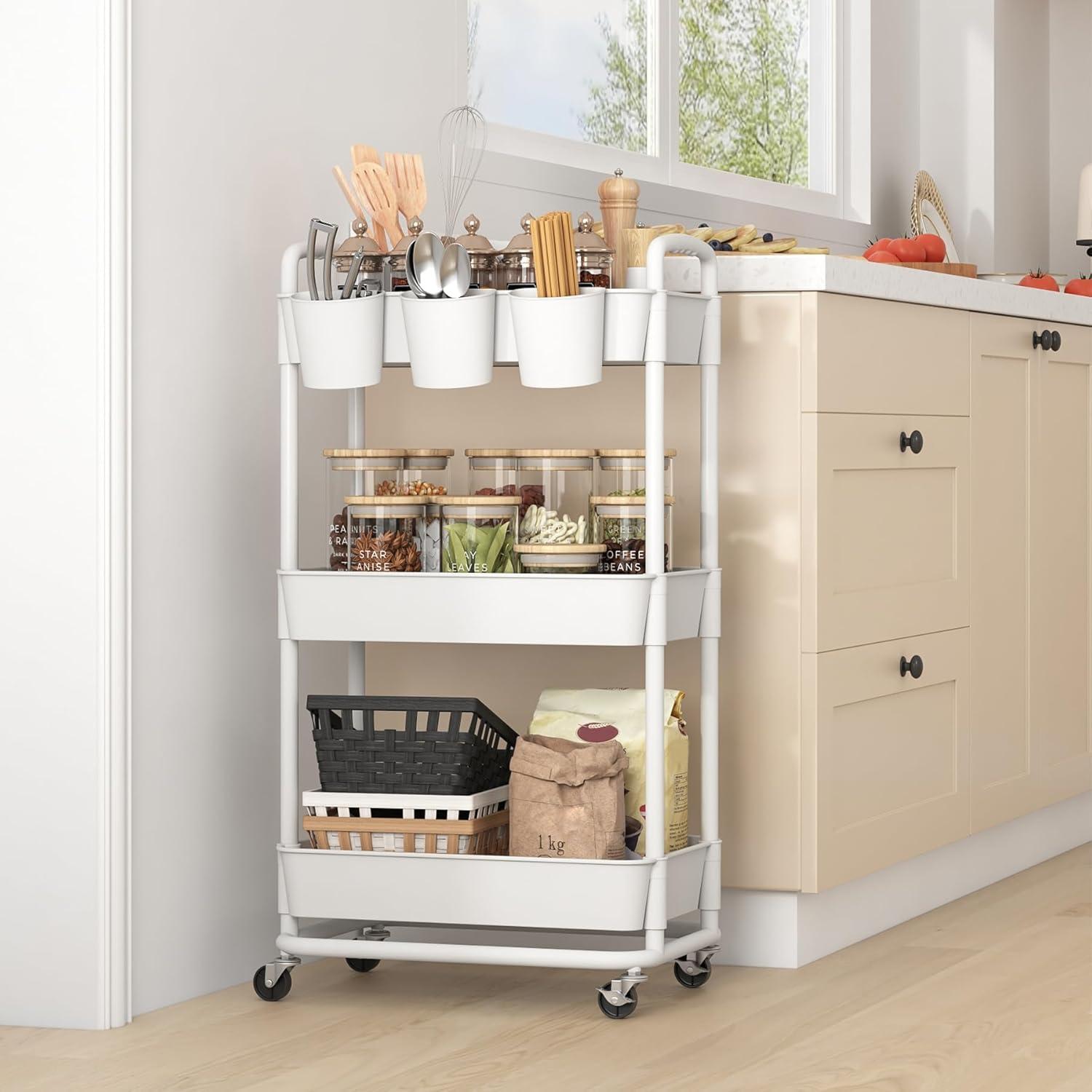 JIUYOTREE 4-Tier Plastic Rolling Storage Cart Utility Cart with Extra Hanging Cups Handles Lockable Wheels for Living Room Bathroom Kitchen Office Green
