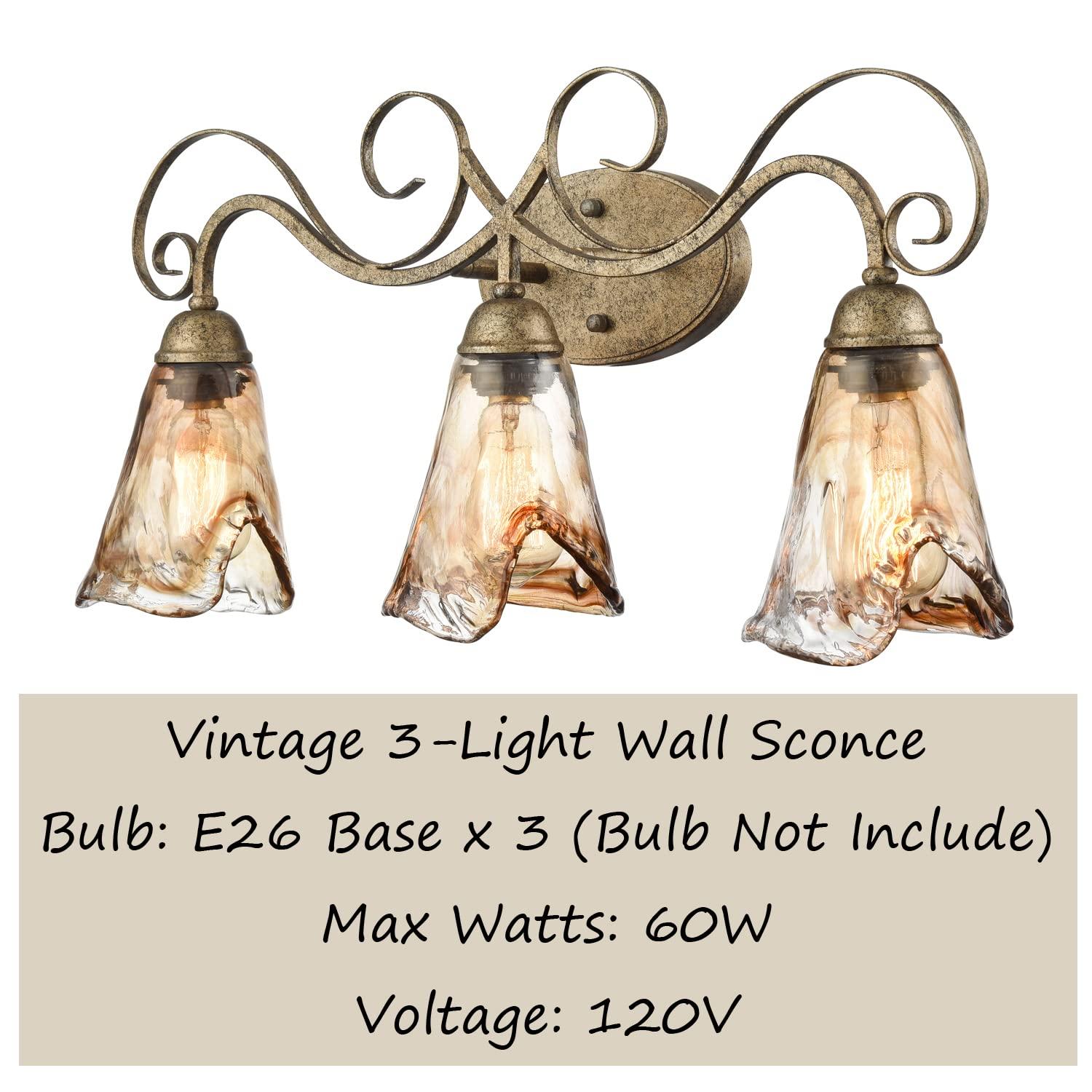 DANSEER Vintage Vanity Light Fixture Rustic Bathroom Wall Sconce 3-Light with Amber Glass Shade