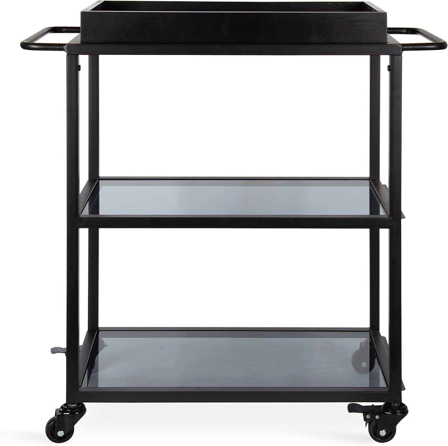 Black Metal Bar Cart with Glass Shelves and Tray