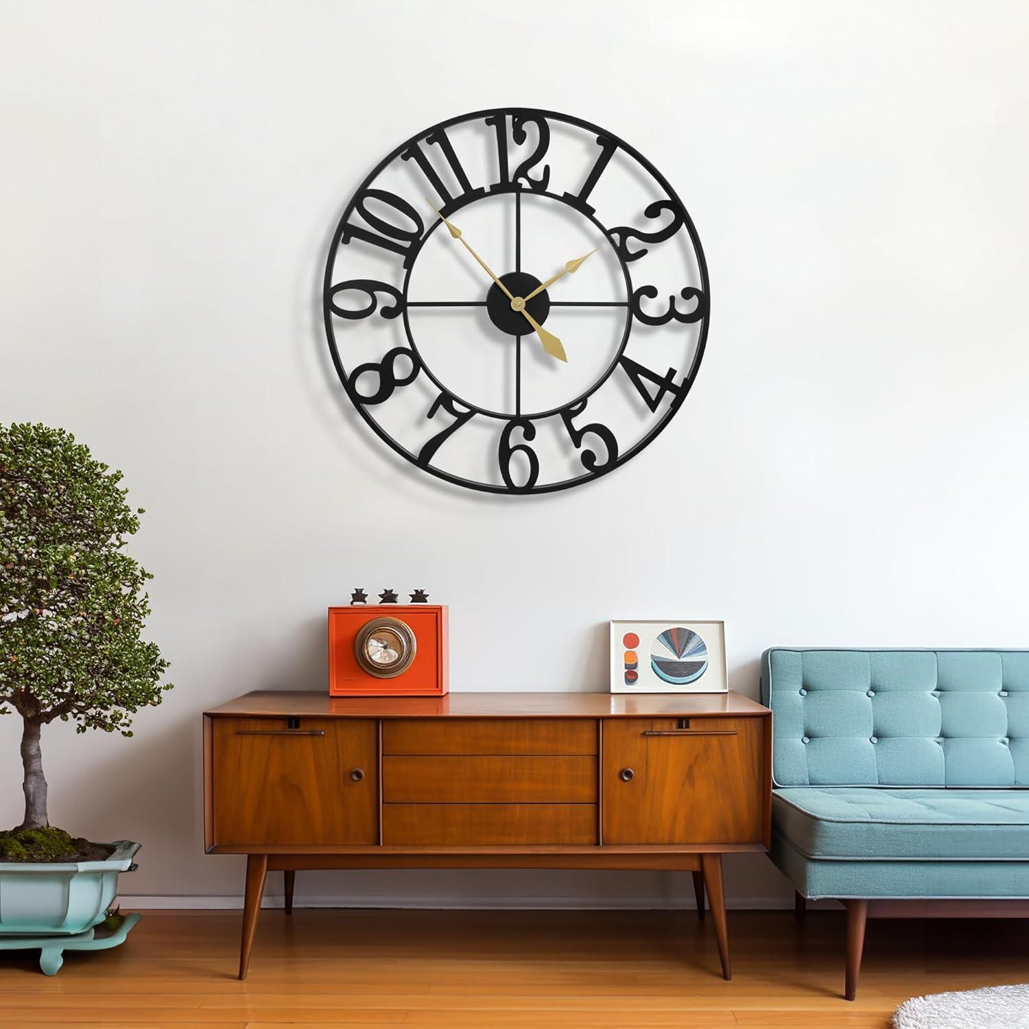 Large Vintage Round Metal Wall Clock Silent Non Ticking Battery Operated Black Roman Numerals Clocks For Living Room Bedroom Kitchen Decoration