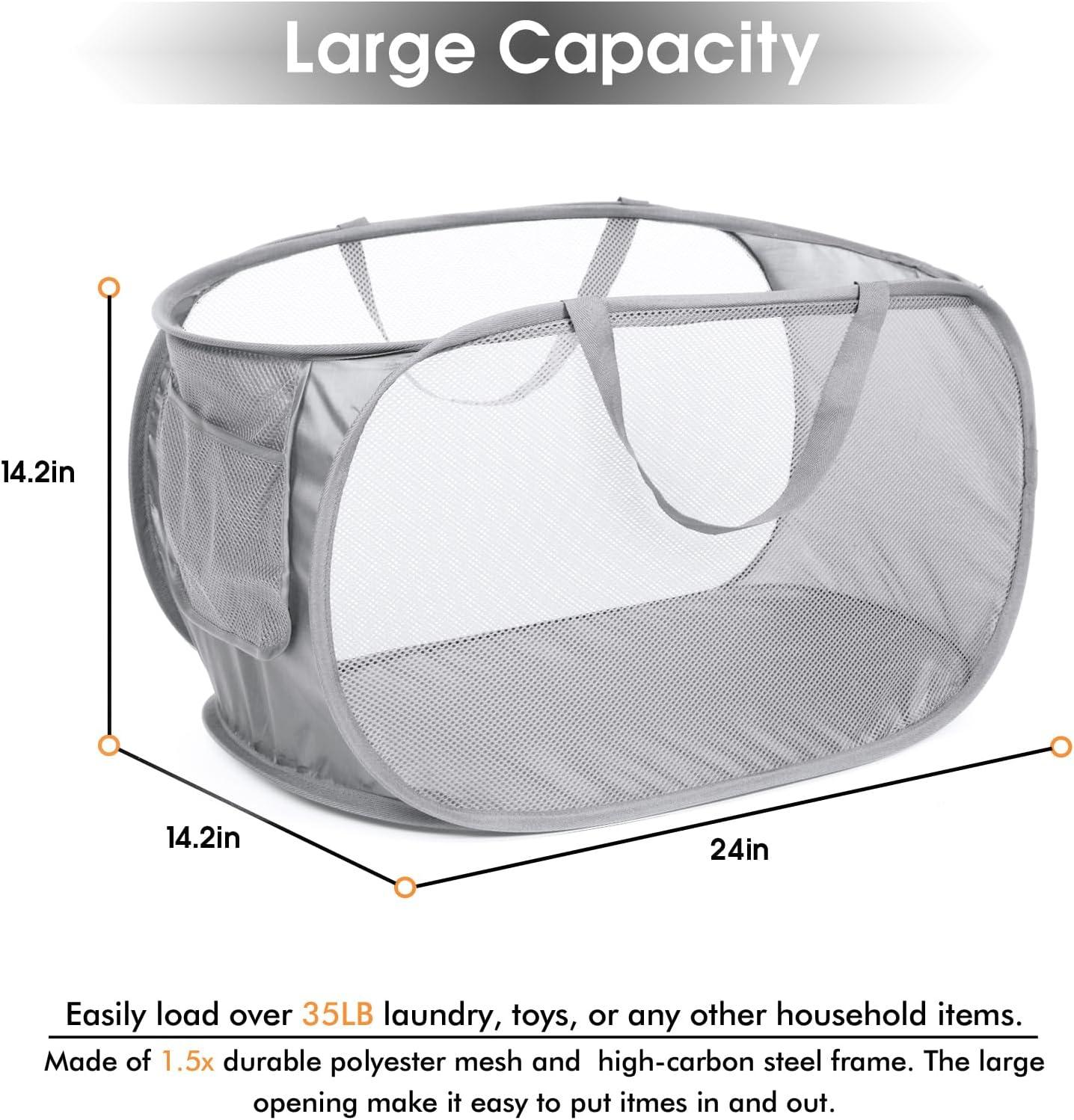 Durable Collapsible Laundry Baskets, Mesh Pop Up Laundry Hamper with Side Pocket, Foldable Clothes Storage Hamper with Reinforced Carry Handles for Laundry, Bathroom, Kids Room, Dorm or Travel Grey