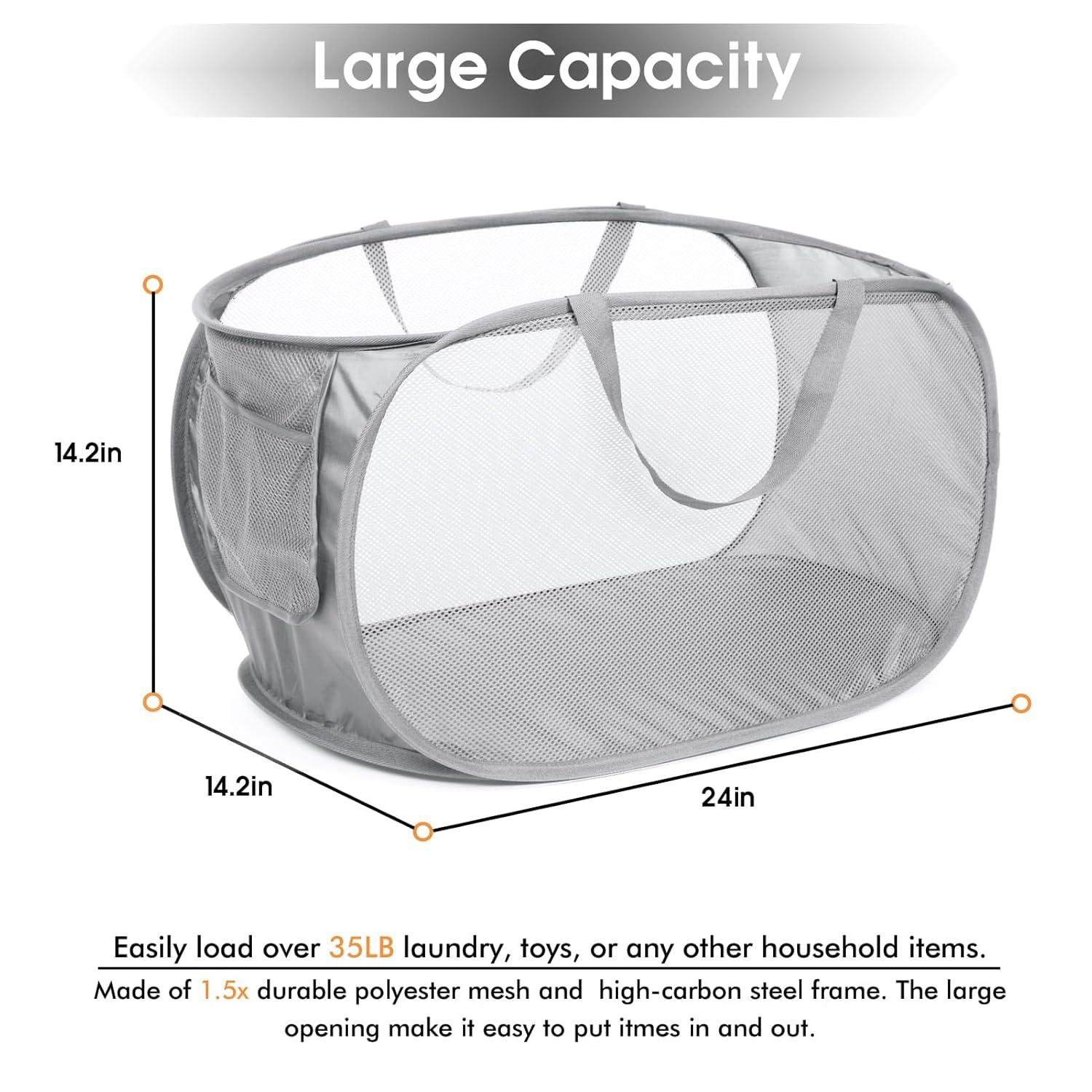 Durable Collapsible Laundry Baskets, Mesh Pop Up Laundry Hamper with Side Pocket, Foldable Clothes Storage Hamper with Reinforced Carry Handles for Laundry, Bathroom, Kids Room, Dorm or Travel Grey