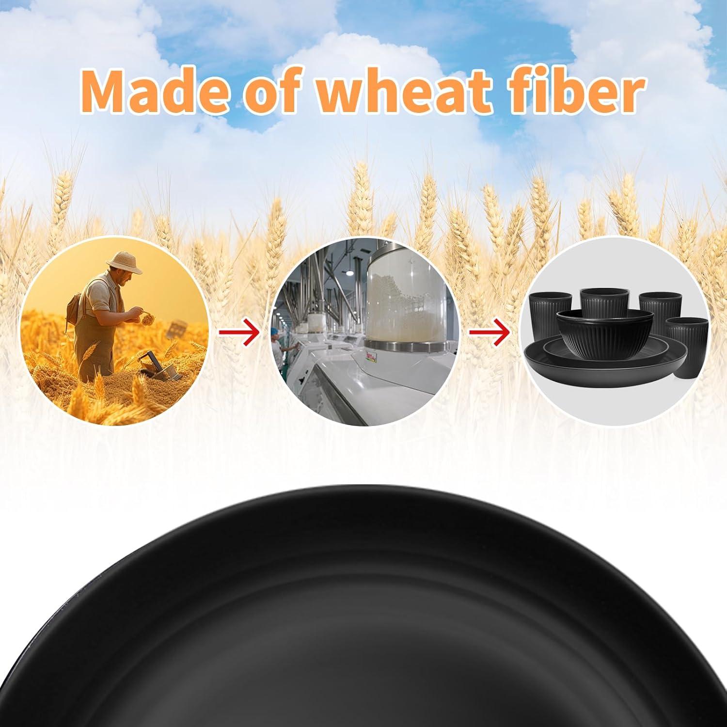 32 Pcs Wheat Straw Dinnerware Sets,Plastic Plates and Bowls Sets for 8,Unbreakable Dinnerware Set,Reusable Lightweight Black Dish Set for Kitchen,Camping,Party,RV,Dishwasher Microwave Safe