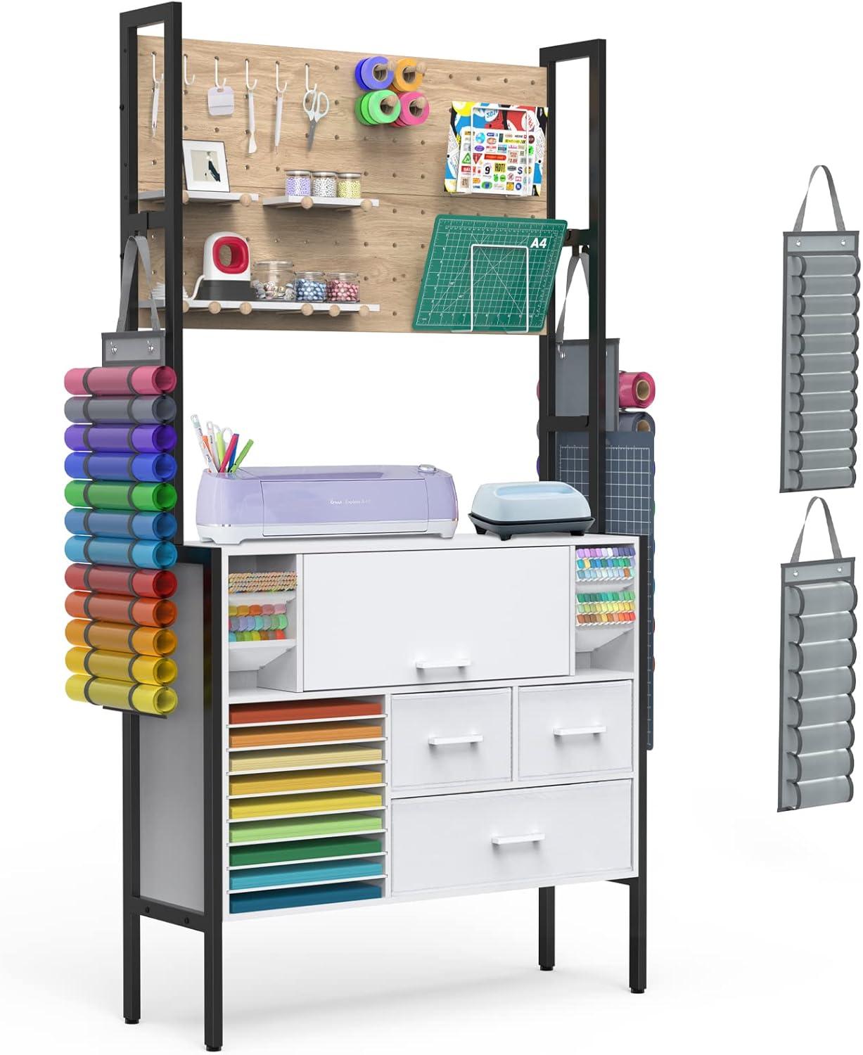 GDLF Craft Organizers and Storage Cabinet Compatible with Cricut Machine, Craft Table Storage with Pegboard, Vinyl Holders