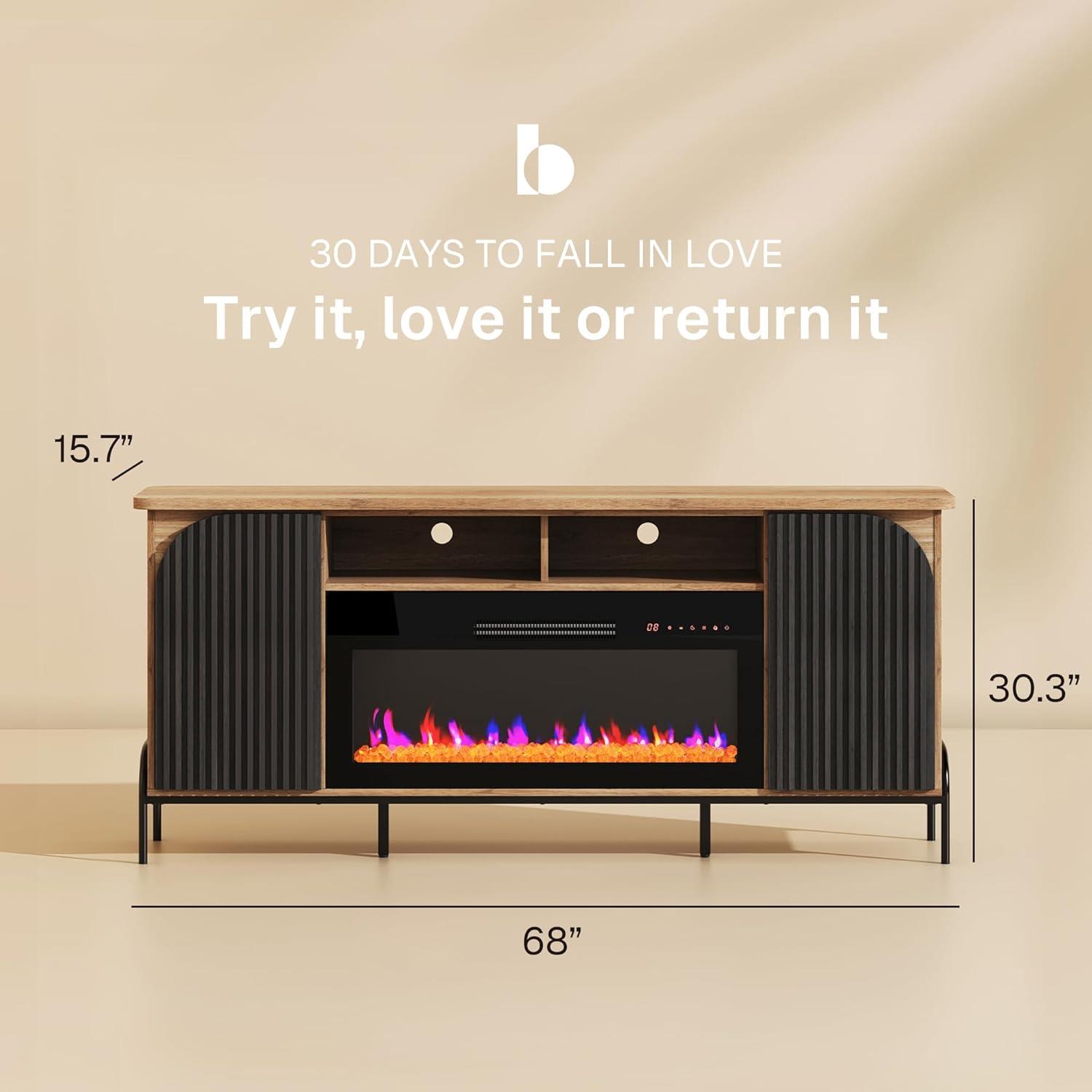 Belleze 68" Fluted TV Stand with 36" Electric Fireplace, Modern Entertainment Center with Storage for TVs Up to 75", Media Console with Curved Panel & Door