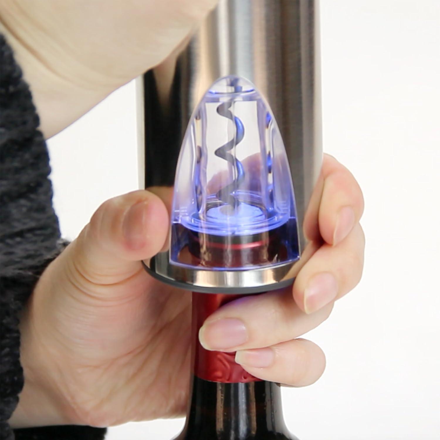 Electric Rechargeable Silver Wine Opener with Charging Base and Foil Cutter