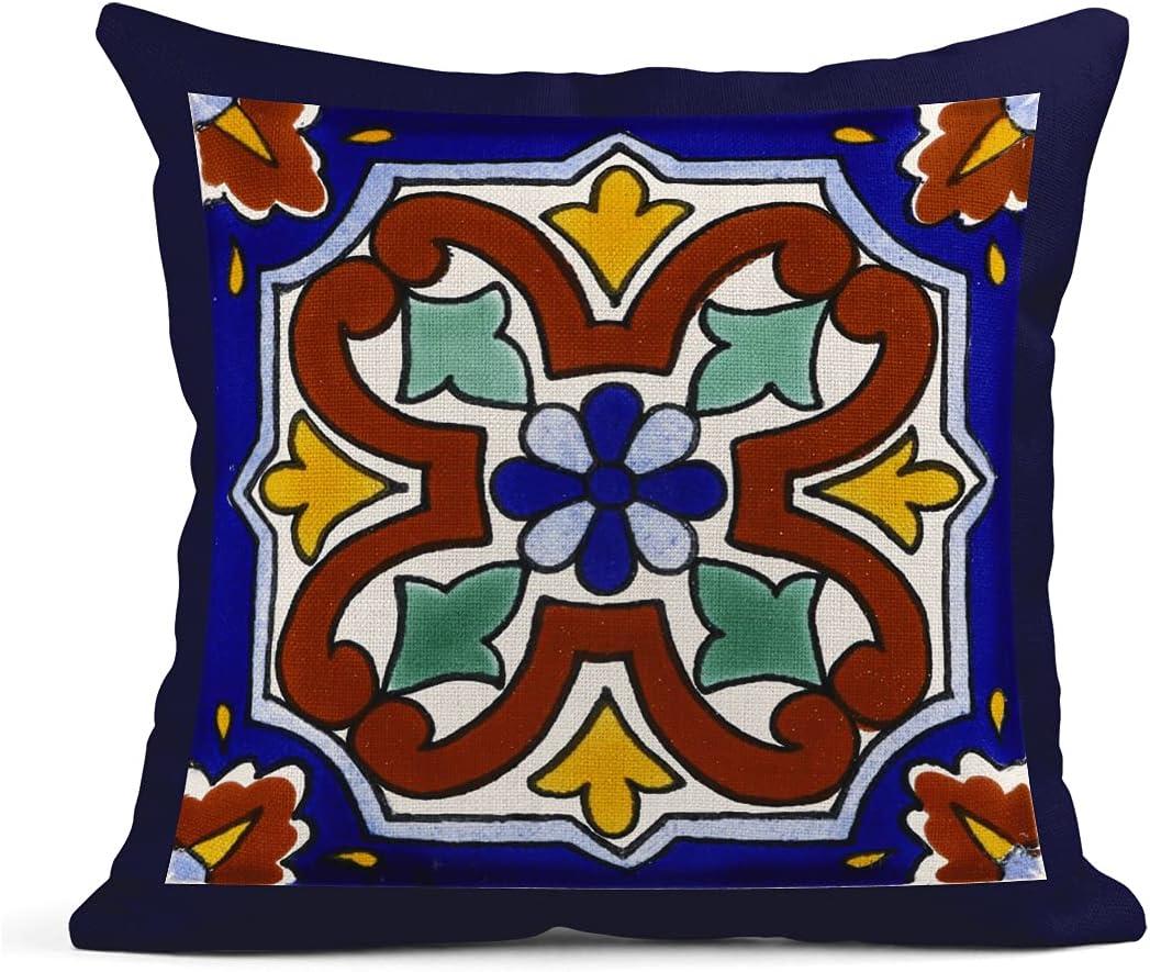 Exotic Geometry Linen Pillow Covers - Set of 4 Spanish Talavera Dark Retro Ethnic Home Decor 18"x18" Flax Cushion Cases Square Pillowcases