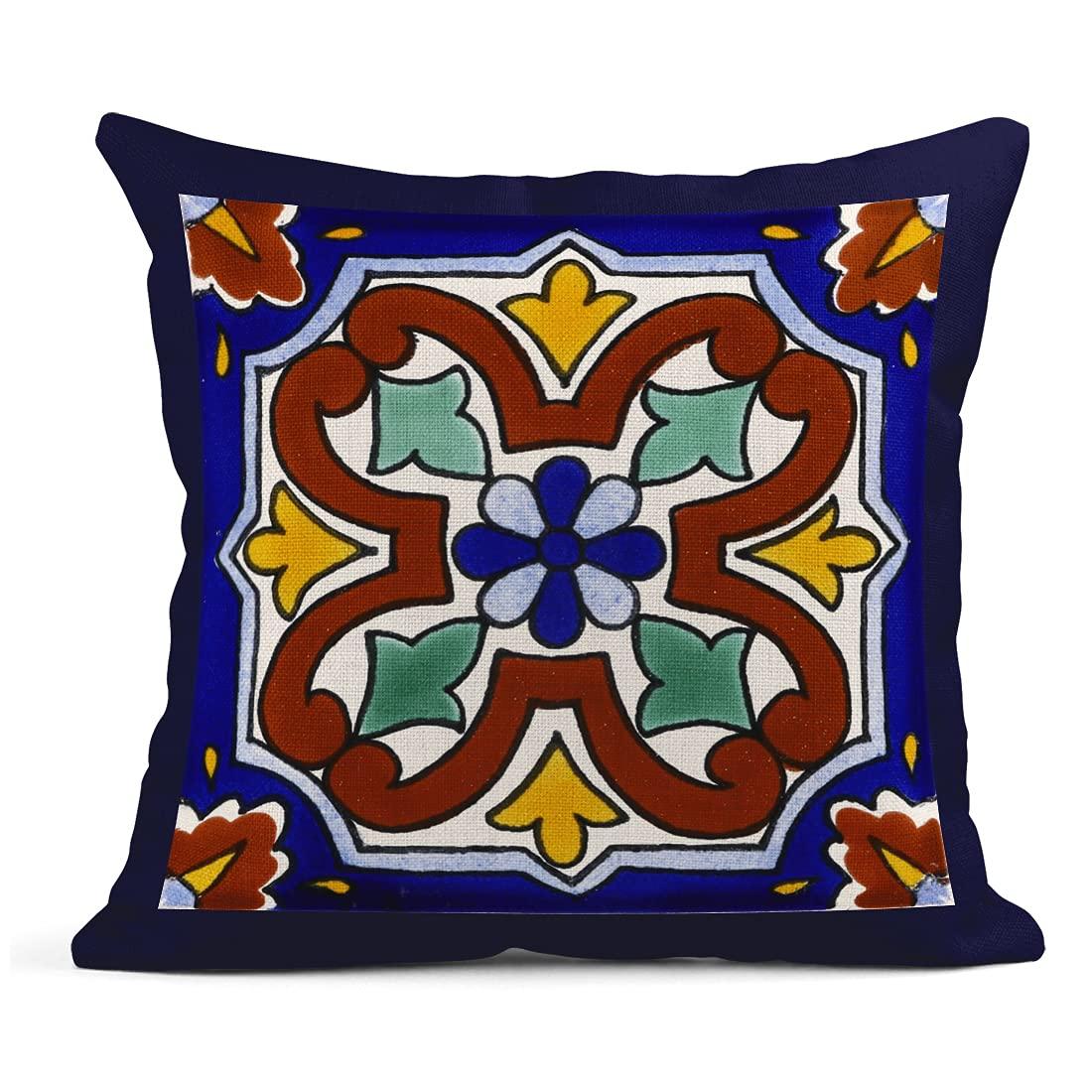 Exotic Geometry Linen Pillow Covers - Set of 4 Spanish Talavera Dark Retro Ethnic Home Decor 18"x18" Flax Cushion Cases Square Pillowcases