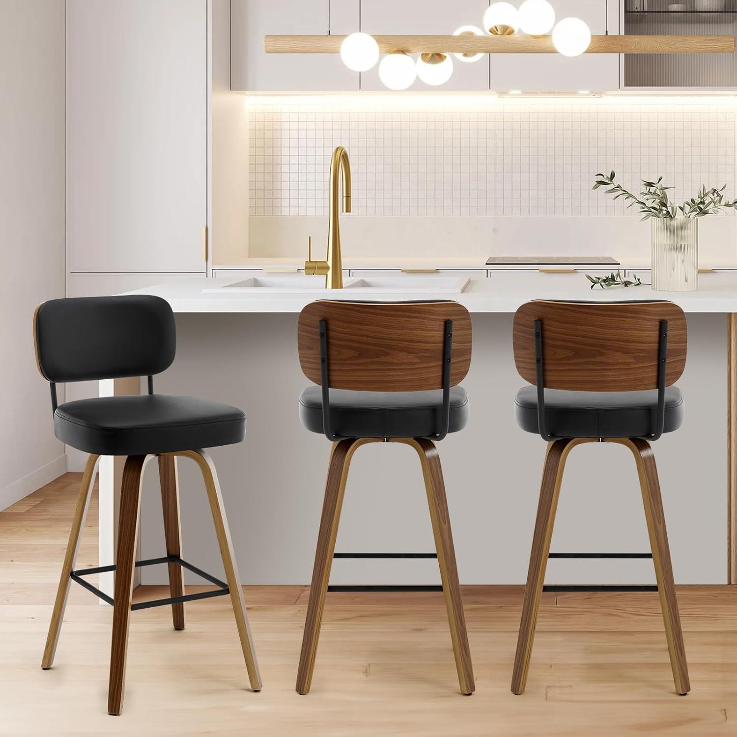 Grey Faux Leather Swivel Bar Stools with Wood Back