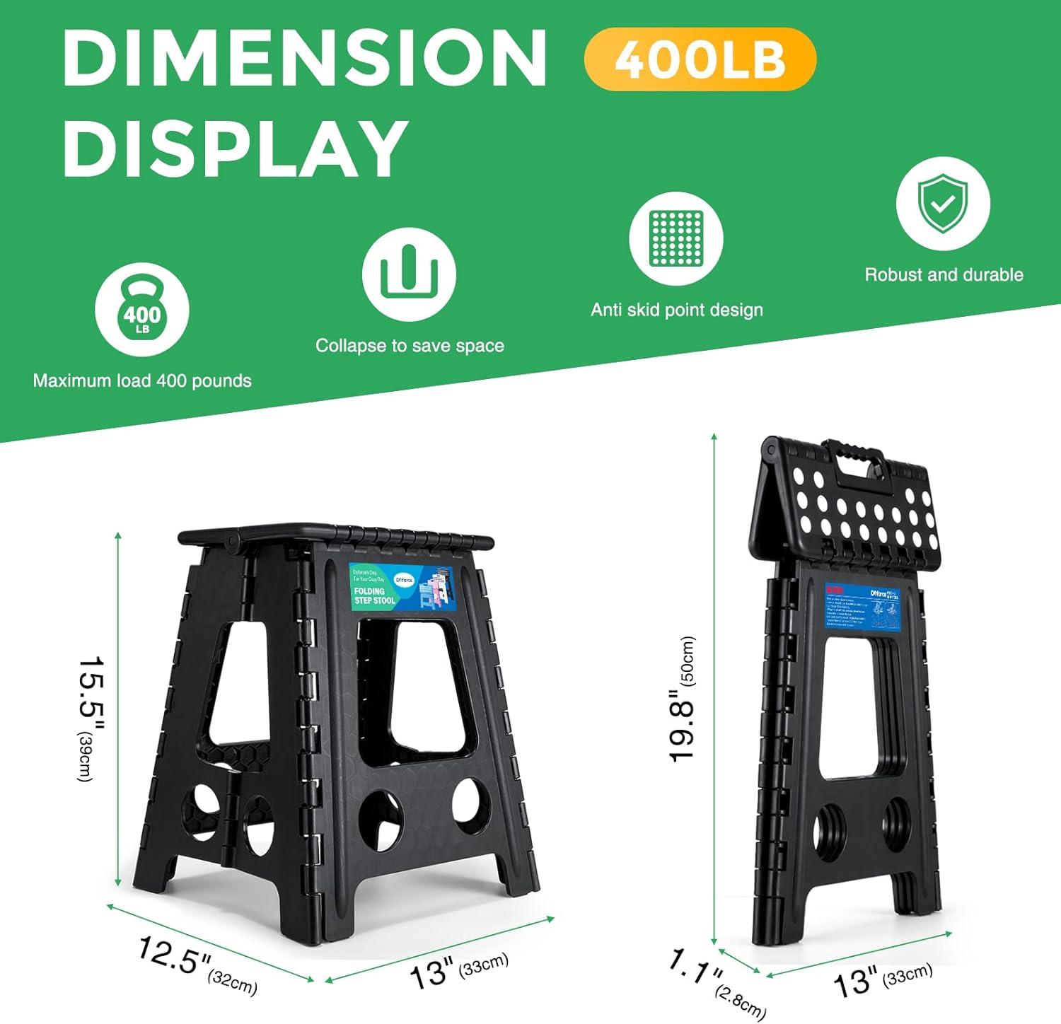 Dyforce 16 Inch Folding Step Stool 400lbs Capacity Sturdy Plastic Foldable Step Stools for Adults Stepping Stool with Handle Easy to Carry Handle Folding Stool Ideal for Kitchen (Black 1PC)