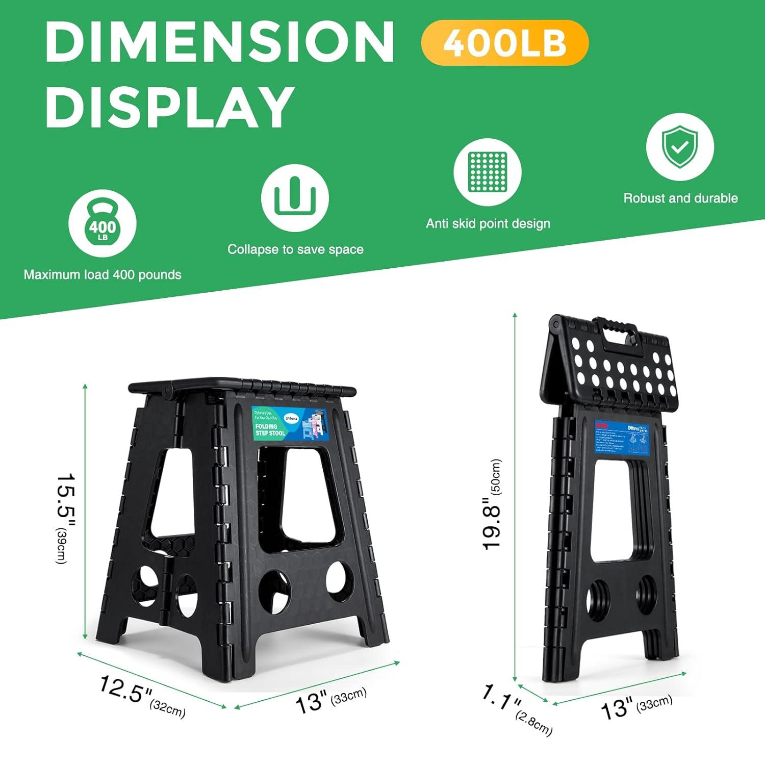 Dyforce 16 Inch Folding Step Stool 400lbs Capacity Sturdy Plastic Foldable Step Stools for Adults Stepping Stool with Handle Easy to Carry Handle Folding Stool Ideal for Kitchen (Black 1PC)