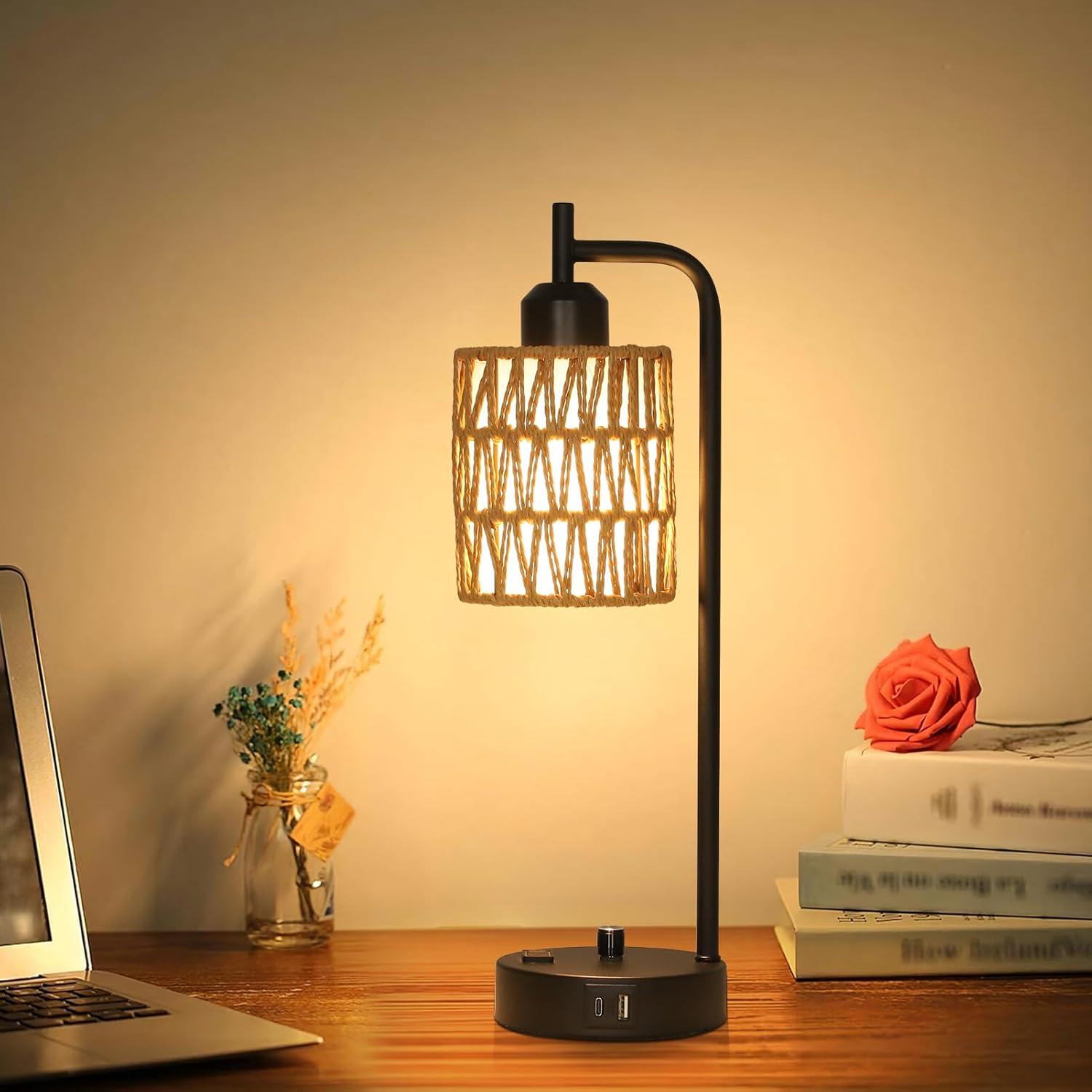 Rattan Table Lamps for Living Room Set of 2, Boho Bedside Lamps with LED Bulbs, USB Charging Ports and Outlet, Farmhouse Nightstand Lamp with Woven Shade, Black Desk Lamp for Bedroom Office