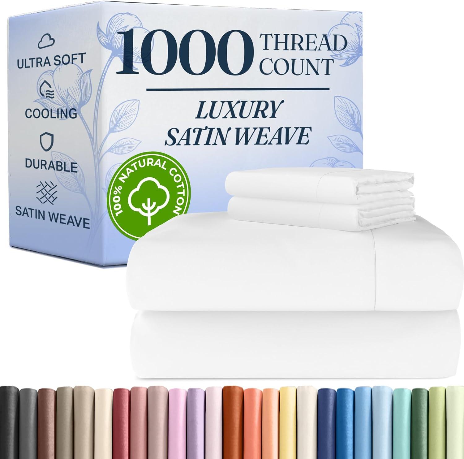 CGK Linens Luxury 1000 Thread Count 4 Piece Sheet Set - Soft & Premium 100% Cotton Sateen in White, Size Queen