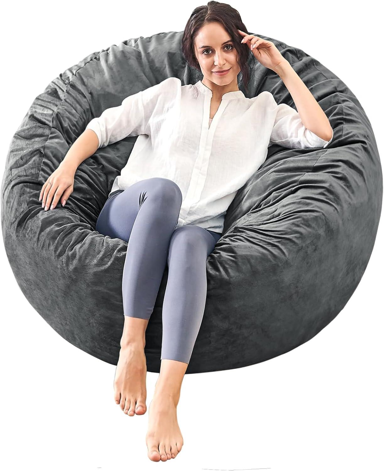 Grey Round Memory Foam Bean Bag Chair with Plush Cover