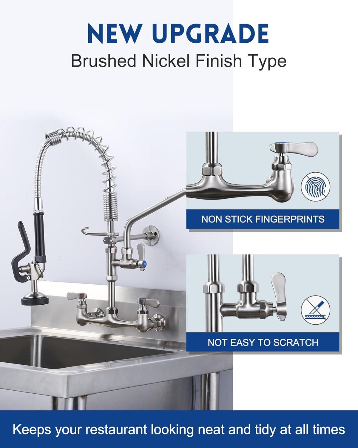 Brushed Nickel 21" Wall Mount Commercial Kitchen Faucet with Pull-out Spray