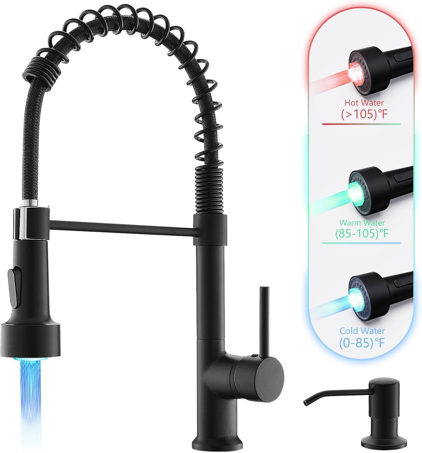 Matte Black LED Kitchen Faucet with Pull Down Sprayer and Soap Dispenser