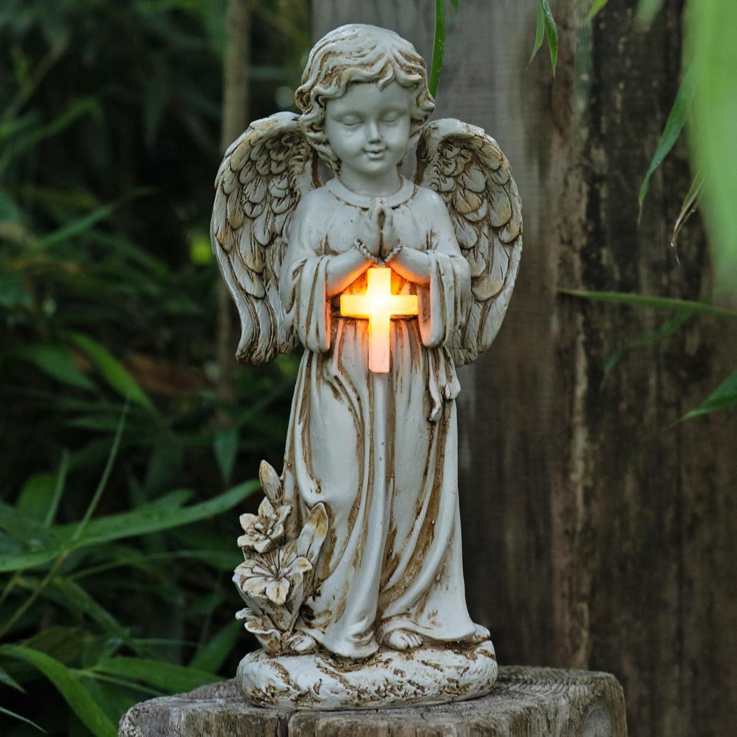 Solar Resin Praying Angel Garden Statue with Cross