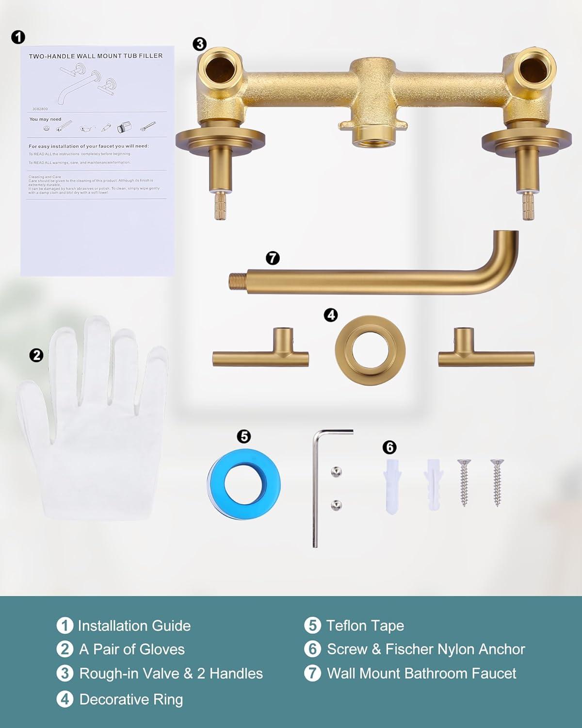 Double Handle Wall Mounted Bathroom Faucet in Solid Brass, Brused Gold
