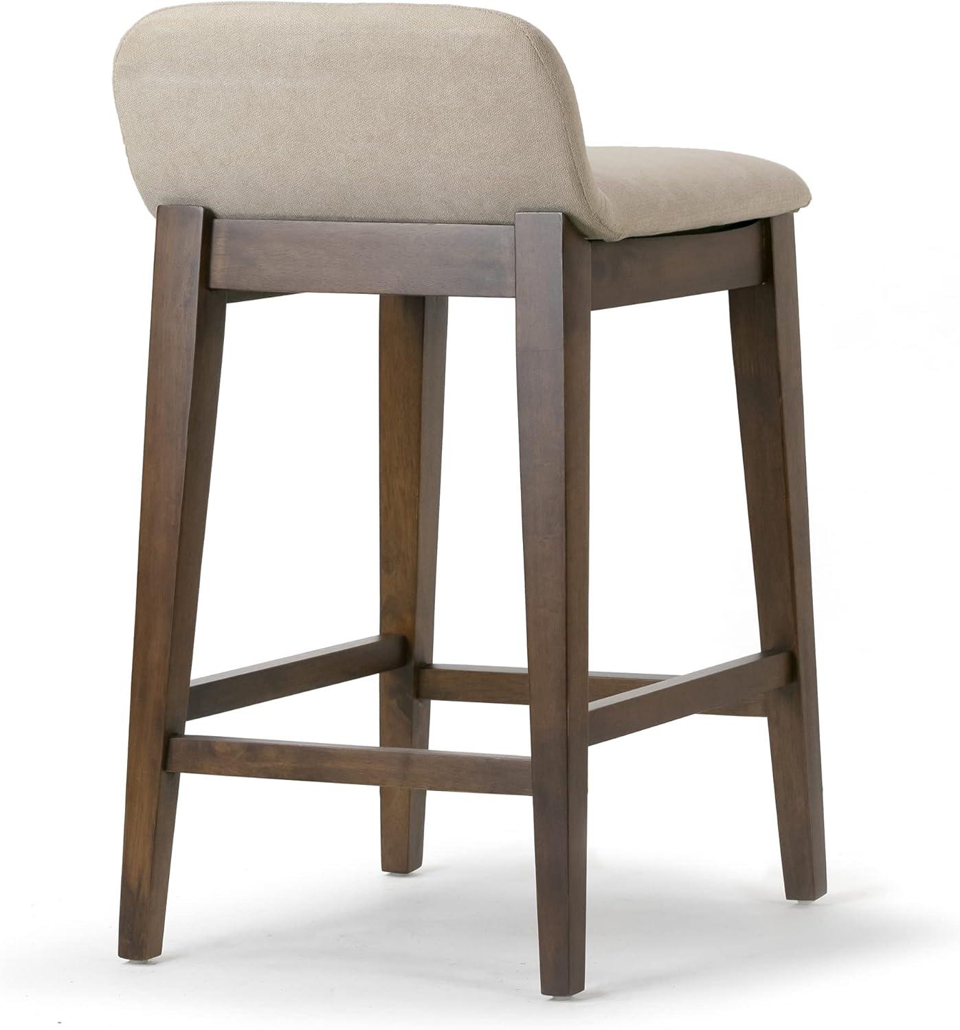 Set of 2 Dark Brown Wood Counter Stools with Beige Fabric Seats