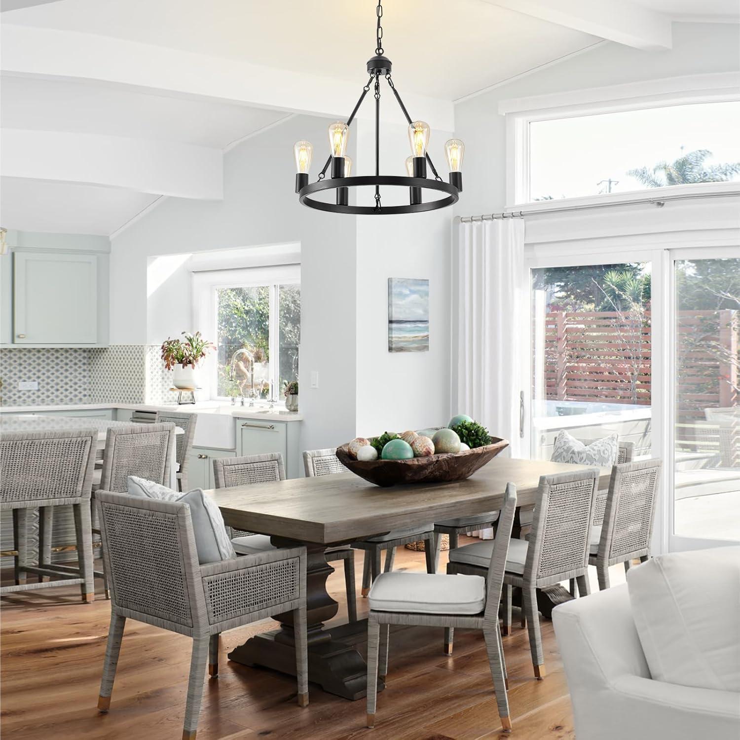 Farmhouse 6 Lights Black Wagon Wheel Chandelier,Modern Vintage Round Pendant Light Fixture for Dining Room,Living Room, Entryway Foyer Kitchen Island, E26