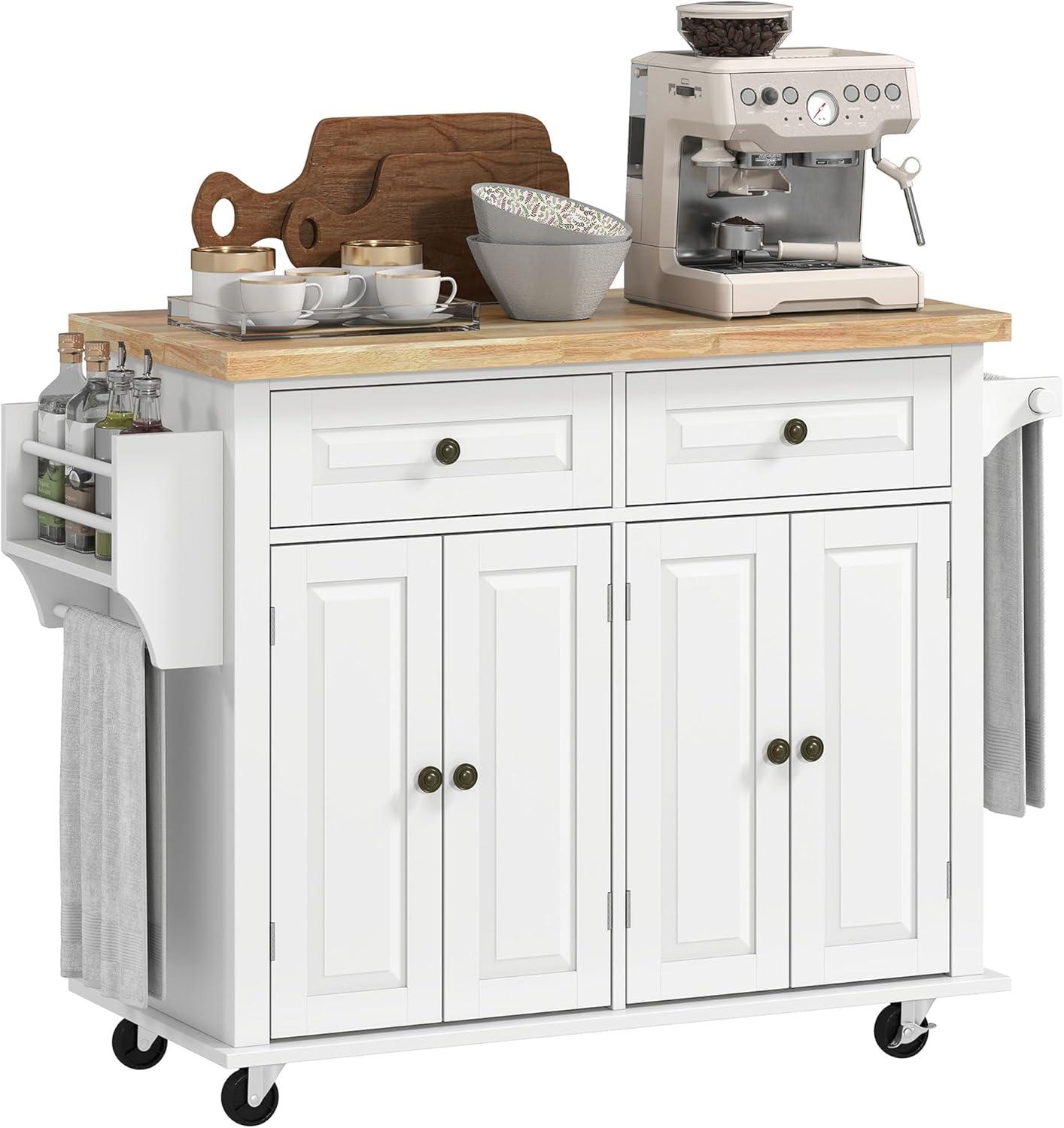 HOMCOM Kitchen Island on Wheels, Rolling Cart with Rubber Wood Top, Spice Rack, Towel Rack & Drawers for Dining Room, White