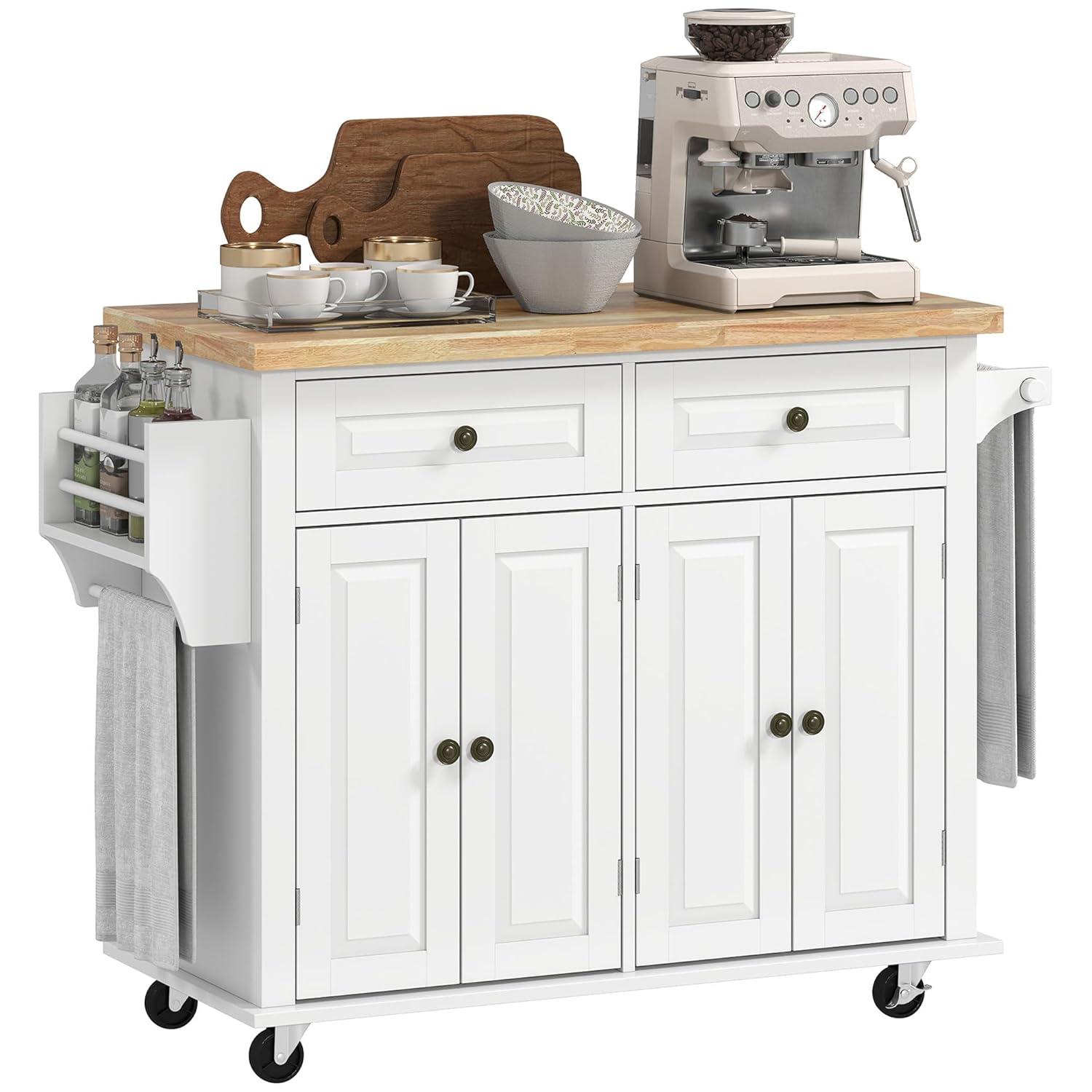 HOMCOM Kitchen Island on Wheels, Rolling Cart with Rubber Wood Top, Spice Rack, Towel Rack & Drawers for Dining Room, White