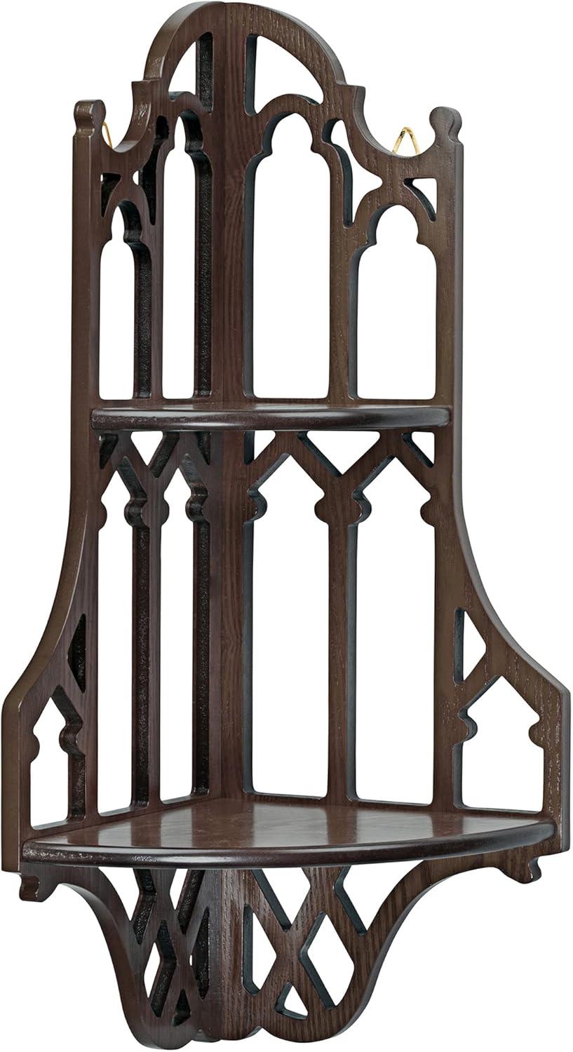 Gothic Walnut Wood Corner Wall Shelf with Intricate Carvings