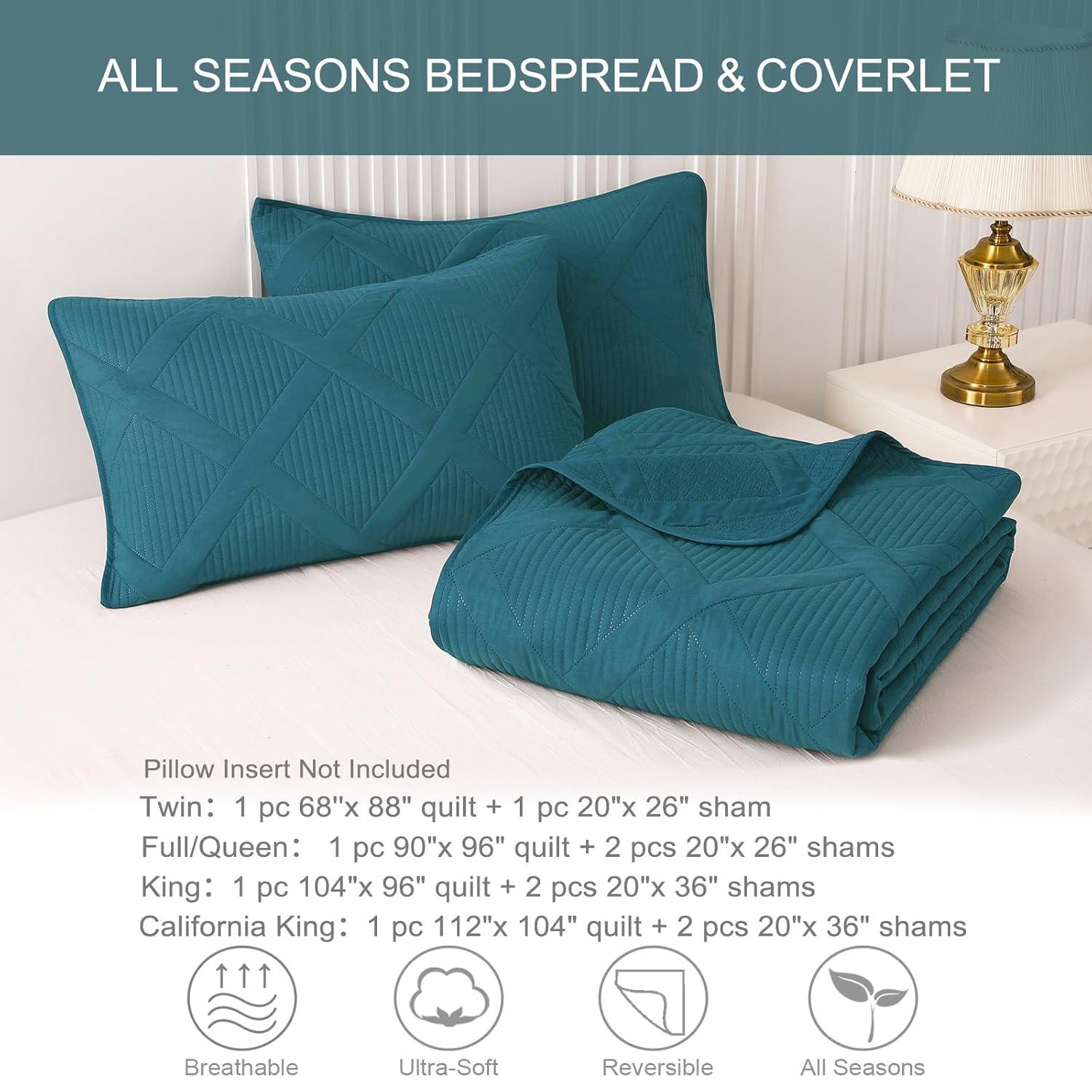 Exclusivo Mezcla Ultrasonic King Quilt Set, 3-Piece Lightweight Bedspreads Modern Striped Coverlet, Teal