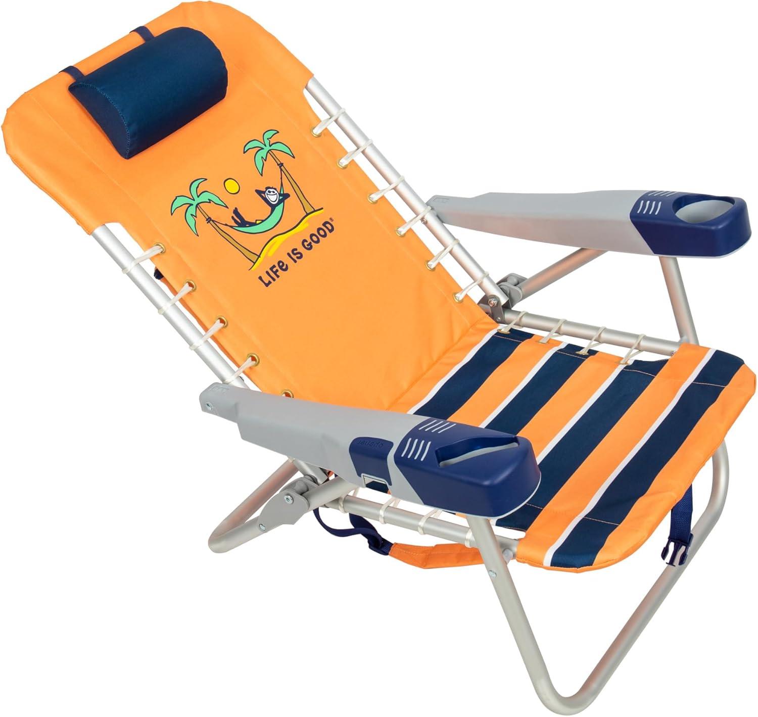 Life is Good 4-Position Backpack Pillow and Cup Holder Beach Chair, Canyon Orange
