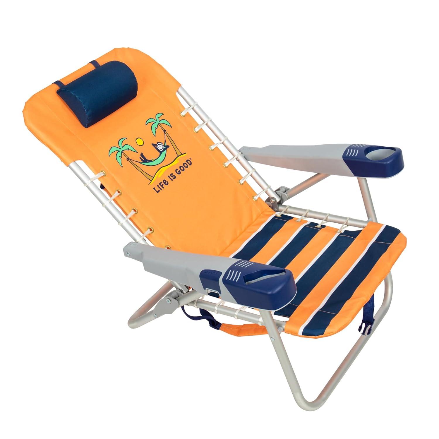 Life is Good 4-Position Backpack Pillow and Cup Holder Beach Chair, Canyon Orange