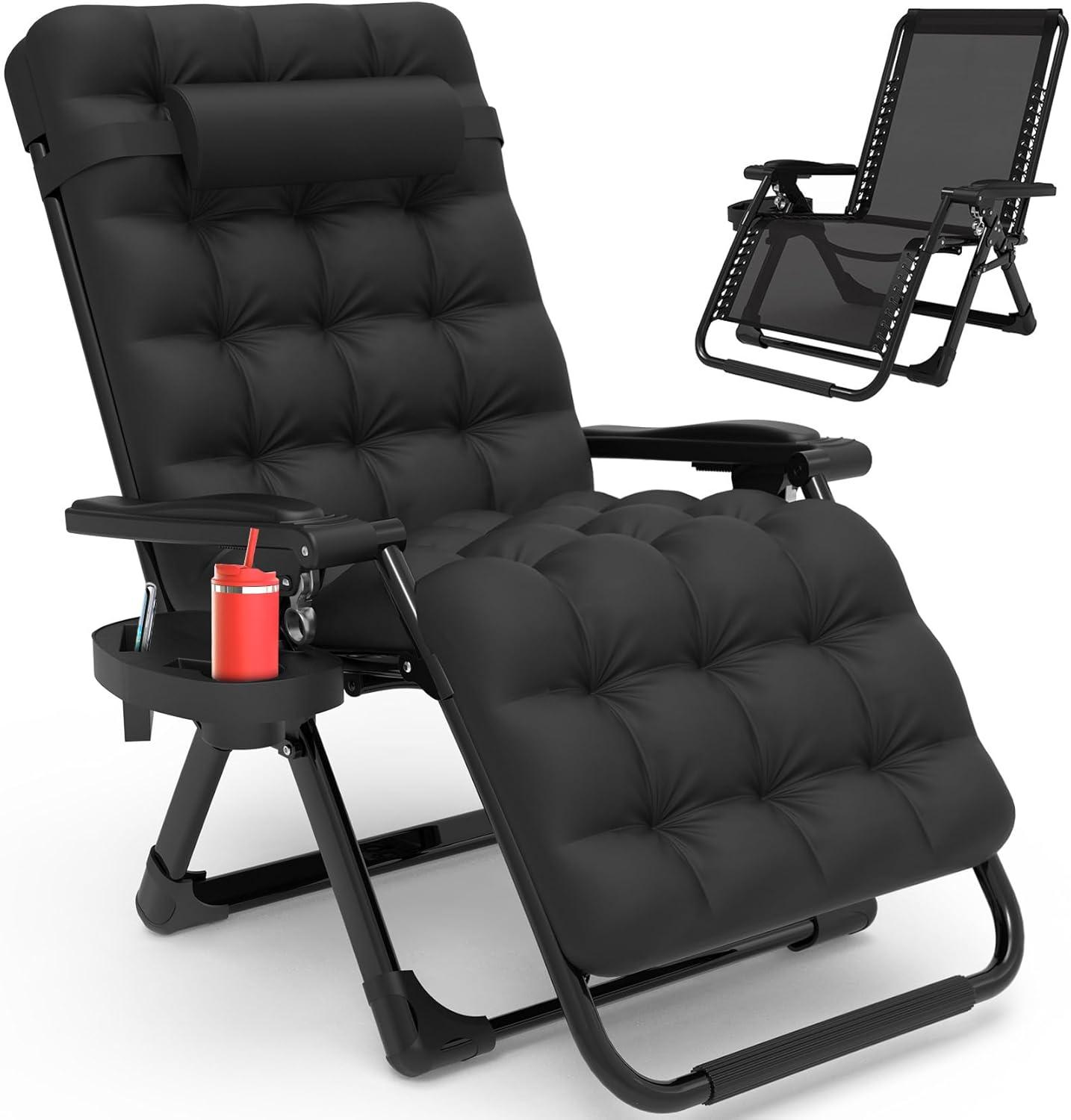 Black Cushioned Zero Gravity Reclining Lounger with Cup Holder