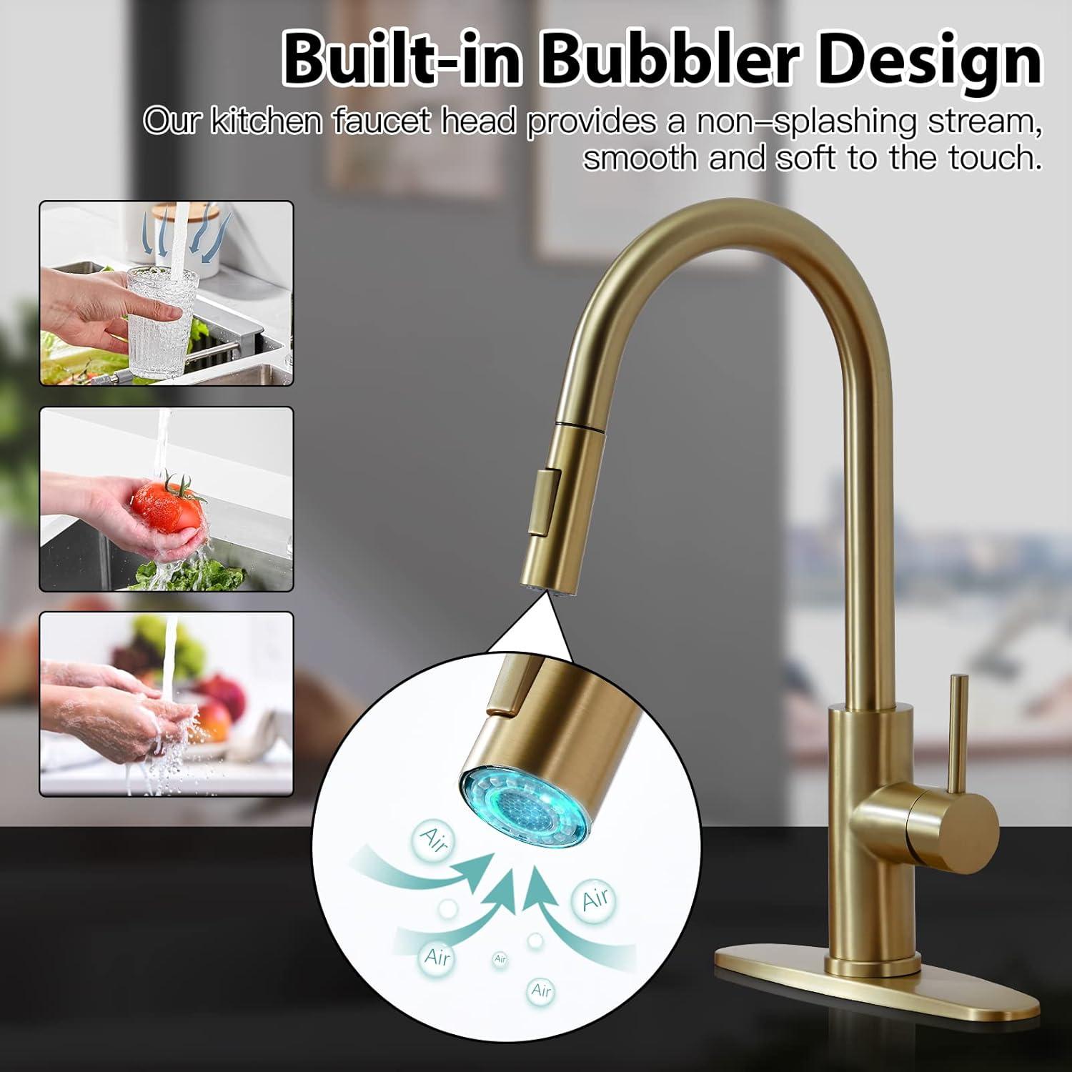 Kitchen Faucet Single Handle Stainless Steel Kitchen Sink Faucet with Pull Out Sprayer Brushed Gold Sprayer and Handle