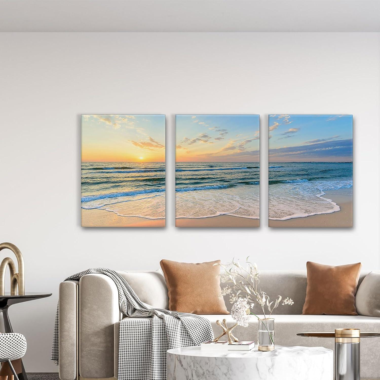 Asdg12s-3 Panel Wall Art Blue Sea Sunset White Beach Painting The Picture Print On Canvas Seascape The Pictures for Home Decor Decoration,Ready to Hang
