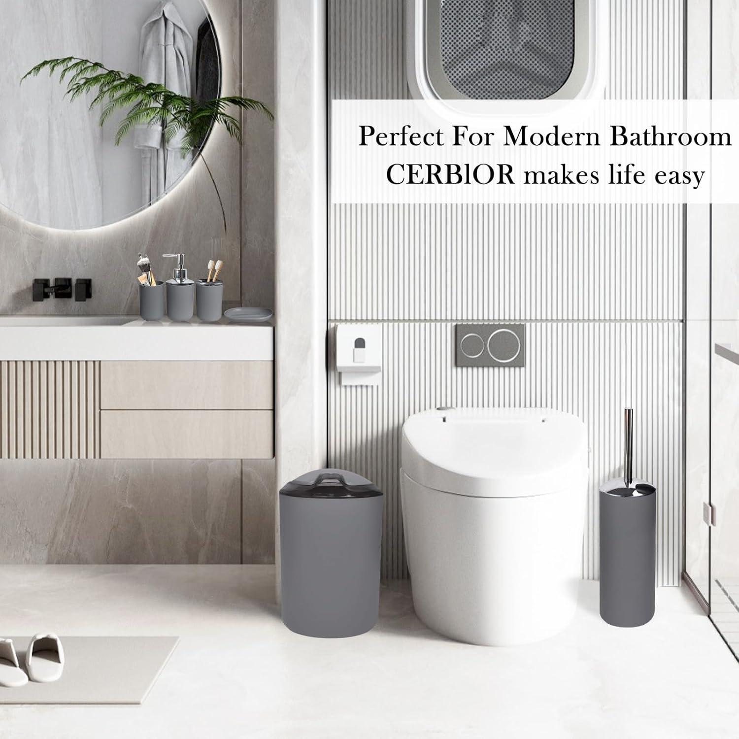 CERBIOR Bathroom Accessories Set Bath Ensemble Includes Soap Dispenser, Toothbrush Holder, Tumbler, Soap Dish for Decorative Countertop and Housewarming Gift (Grey)