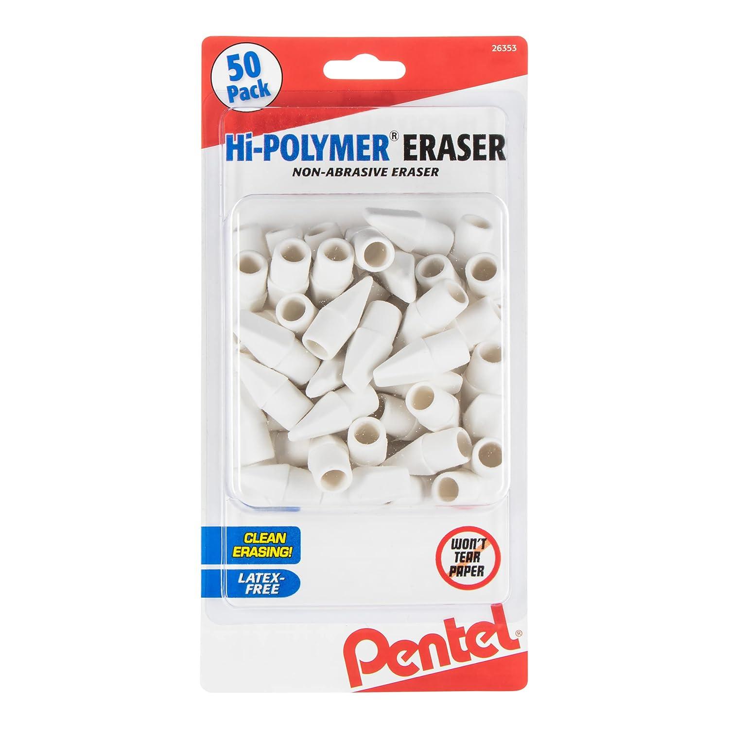 Pentel Hi-Polymer Eraser Caps, Latex Free, White 50-Pk