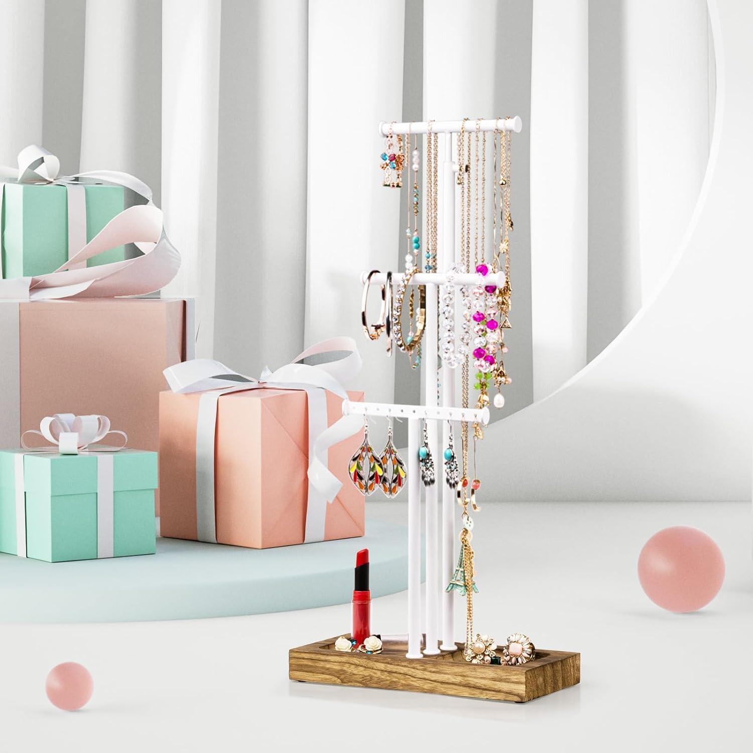 Jewelry Tree Stand White Metal and Wood Base Large Storage Jewelry Organizer for Necklaces Bracelets Earrings Holder Organizer Jewelry Display Mother's Day Gift White and White