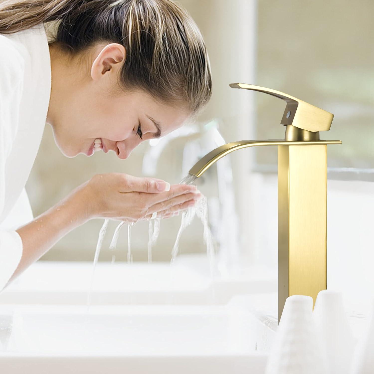 WOWOW Brushed Gold Waterfall Bathroom Faucet  Single Handle Faucet for Bathroom Sink