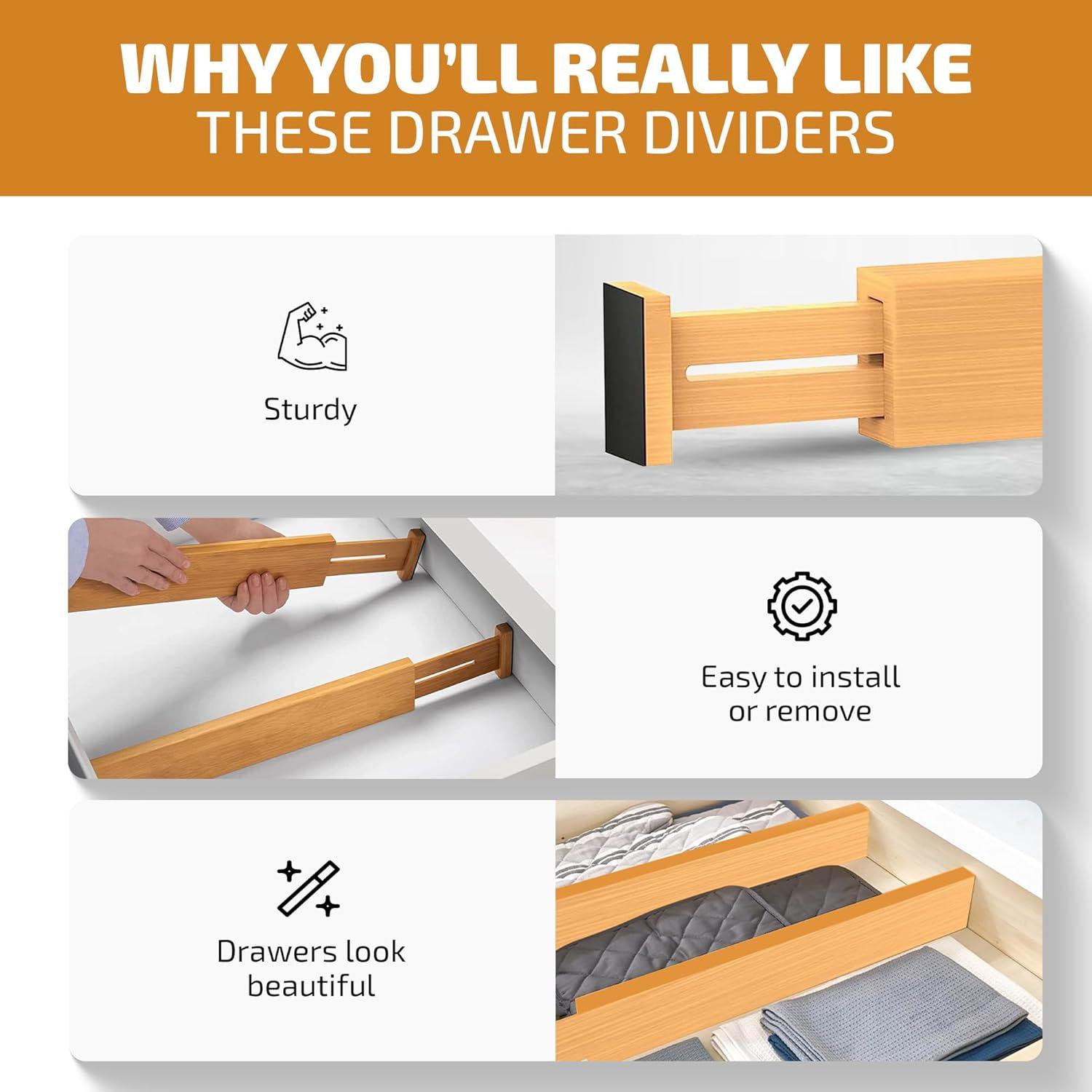 Drawer Dividers 4 Pack - Adjustable Bamboo Organizers 12.2" to 17.3", 2.6" Tall Expandable Separators for Kitchen, Dresser, Bedroom, Office or Bathroom Drawers