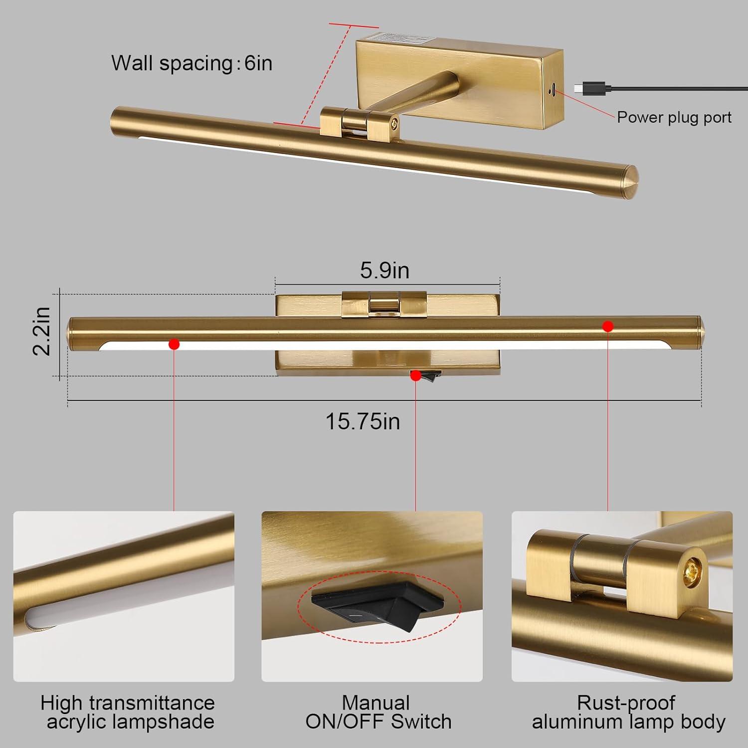 Modern LED Picture Light Dimmable 15.75 "Brass Picture Light lampshade can Rotate up or Down 270 Degrees 3 Color Temperature Display Wall Art Light Battery Powered