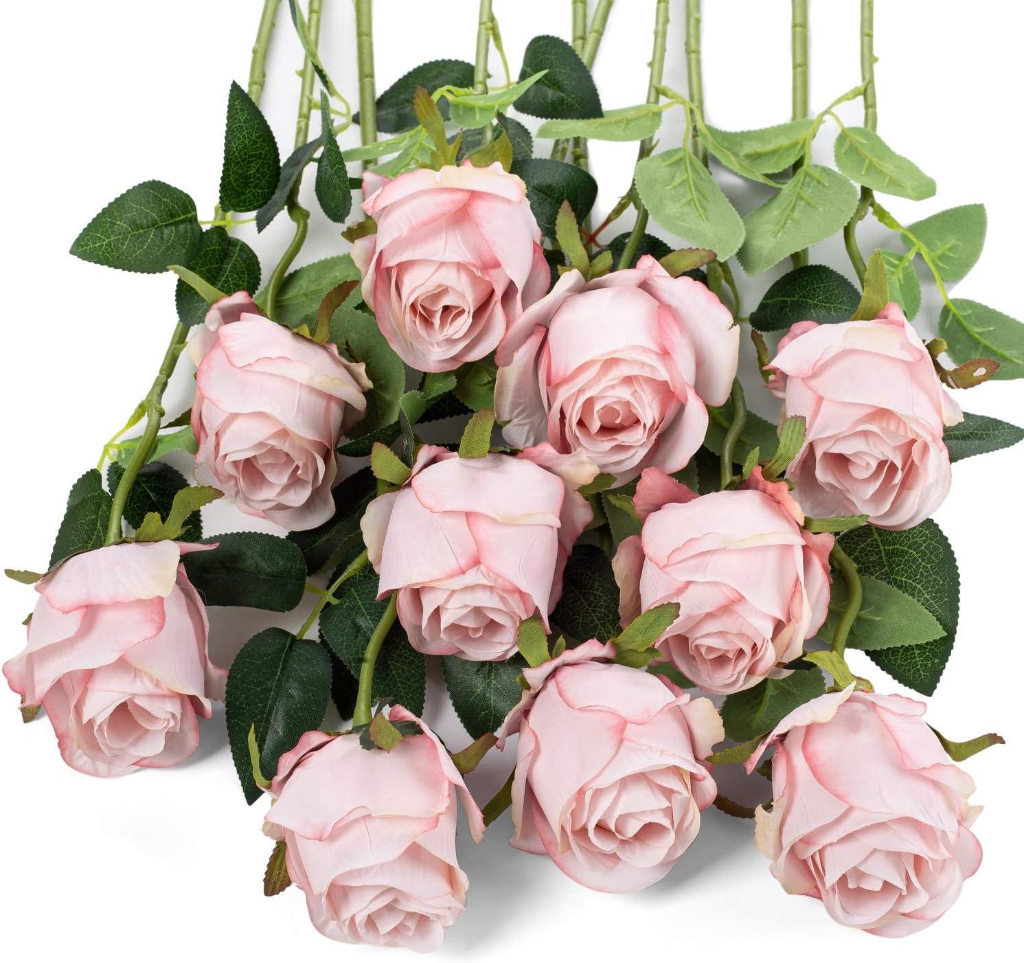 Light Pink Silk Long Stem Artificial Roses with Green Leaves