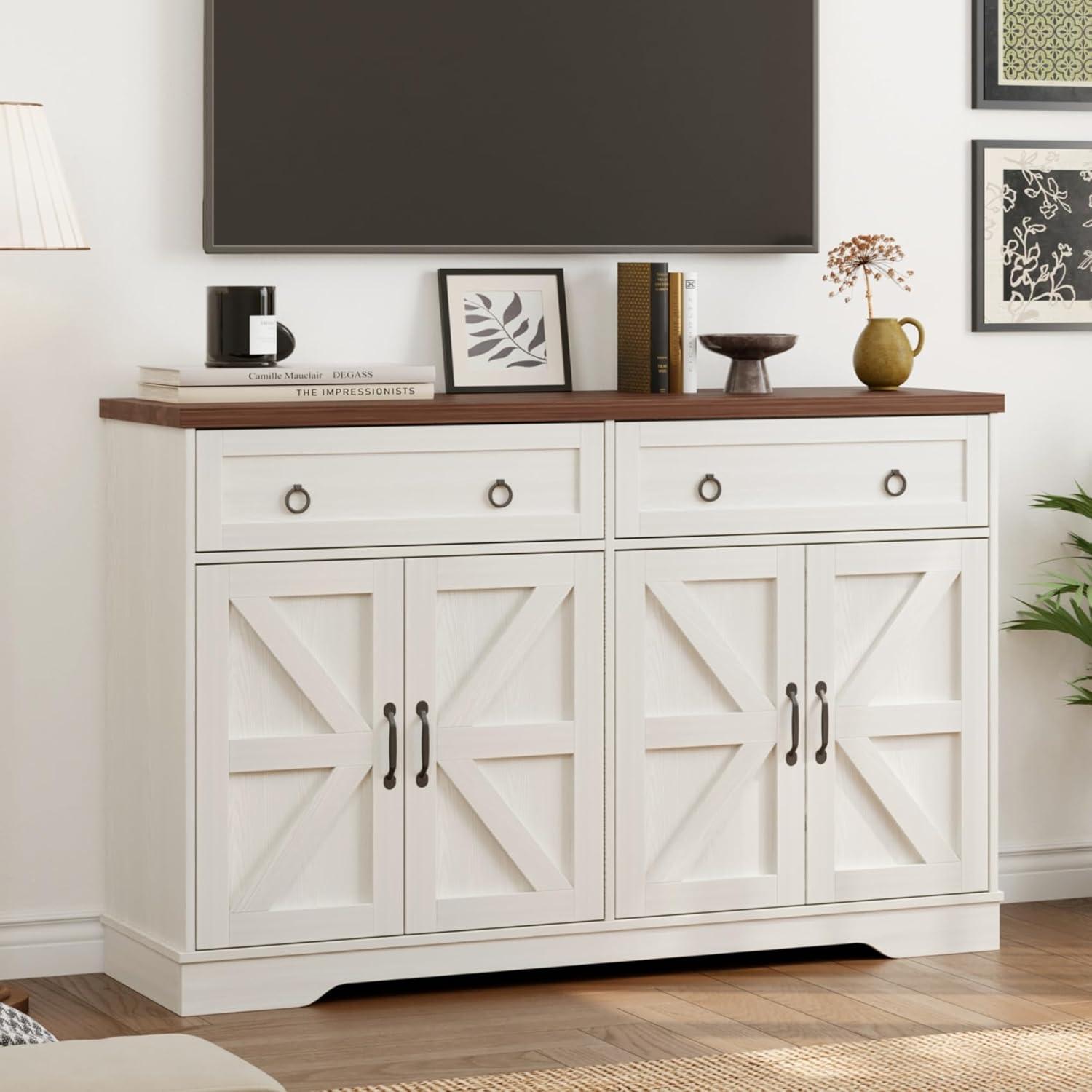 Farmhouse 55" Buffet Sideboard Cabinet With Storage, Coffee Bar Cabinet With 2 Drawers
