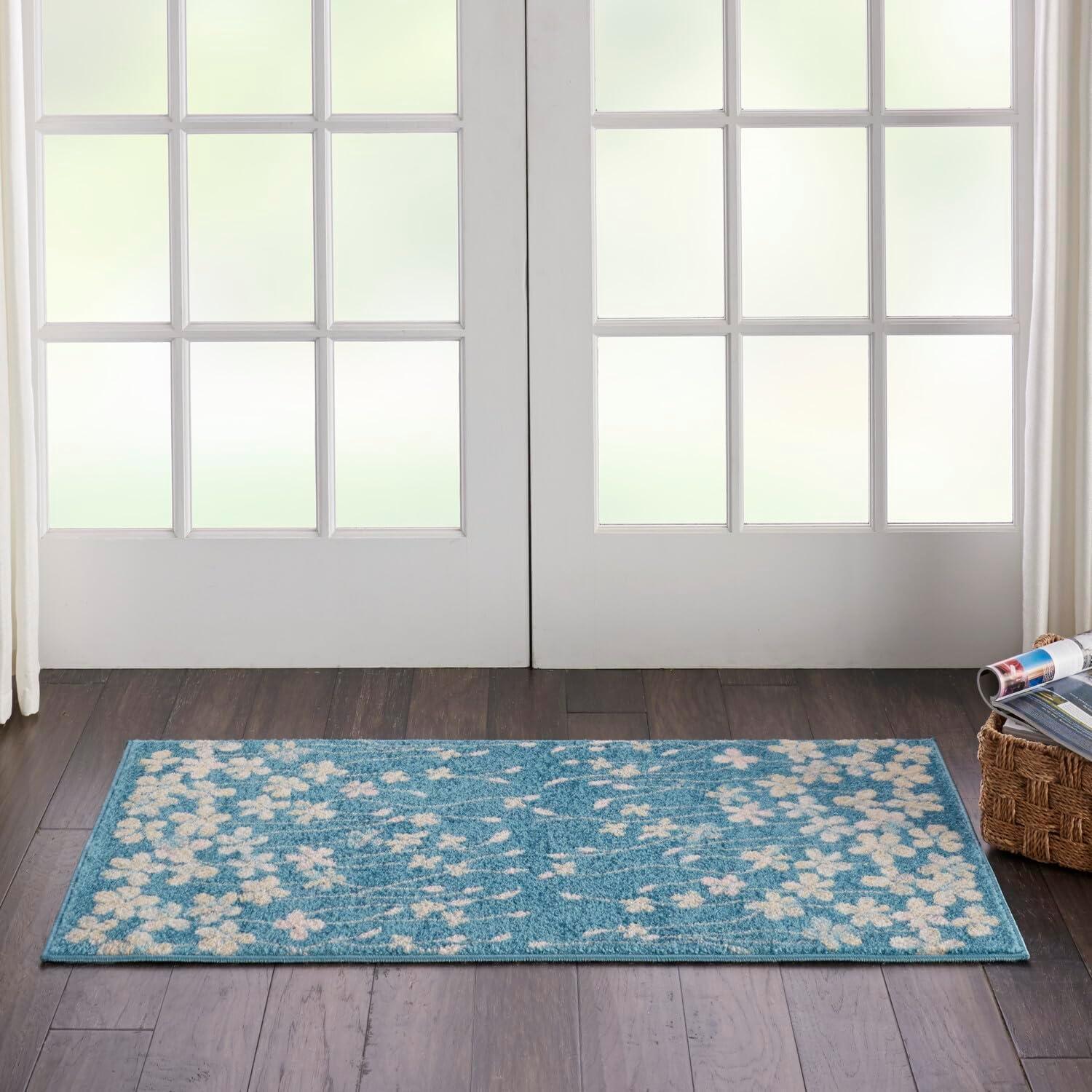 Handmade Turquoise Floral Viscose Rectangular 8' x 10' Rug