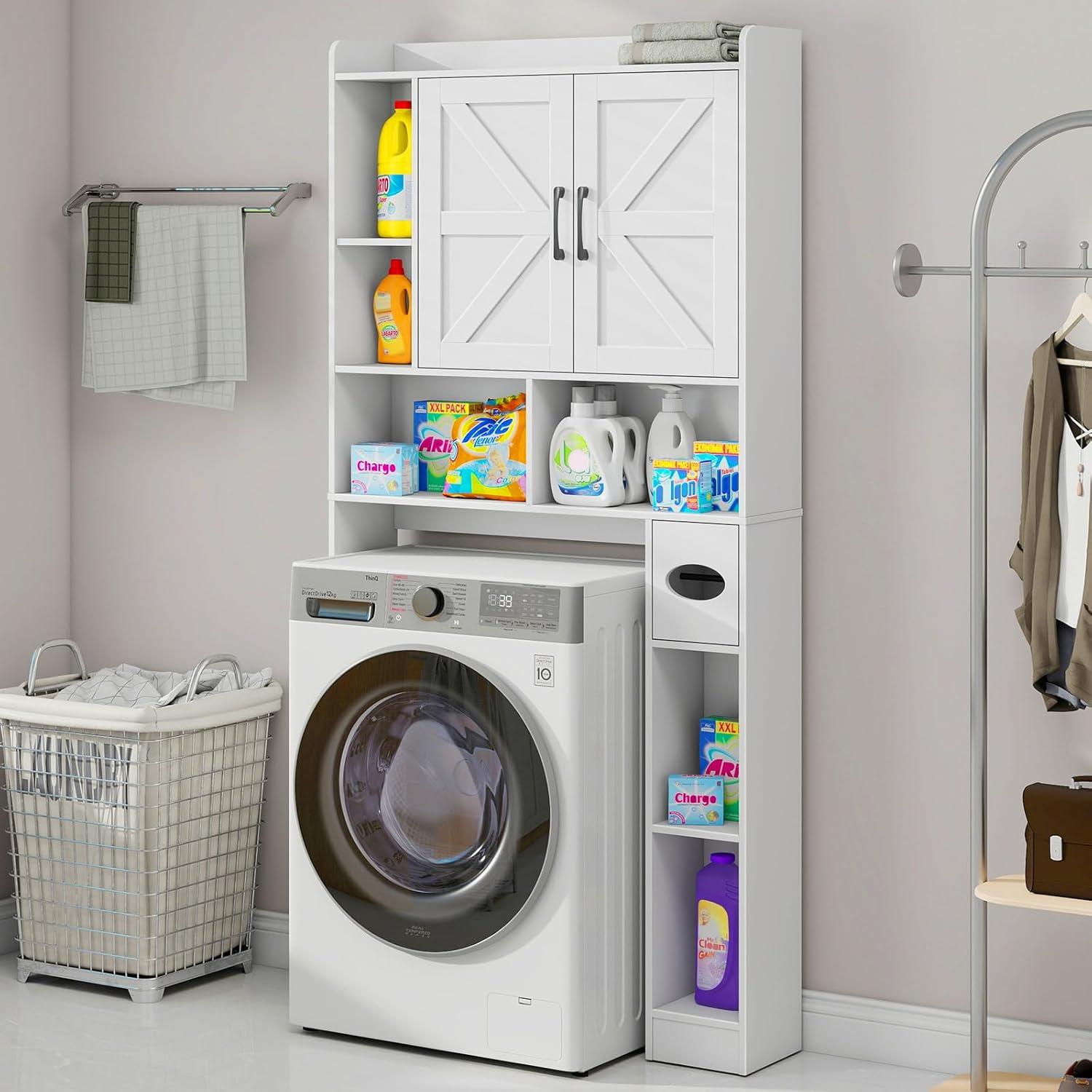 Over The Toilet Storage Cabinet, Farmhouse Storage Cabinet Over Toilet with Sliding Barn Door & Toilet Paper Holder Stand，Home Space-Saving Toilet Rack, for Bathroom, Restroom, Laundry（White）